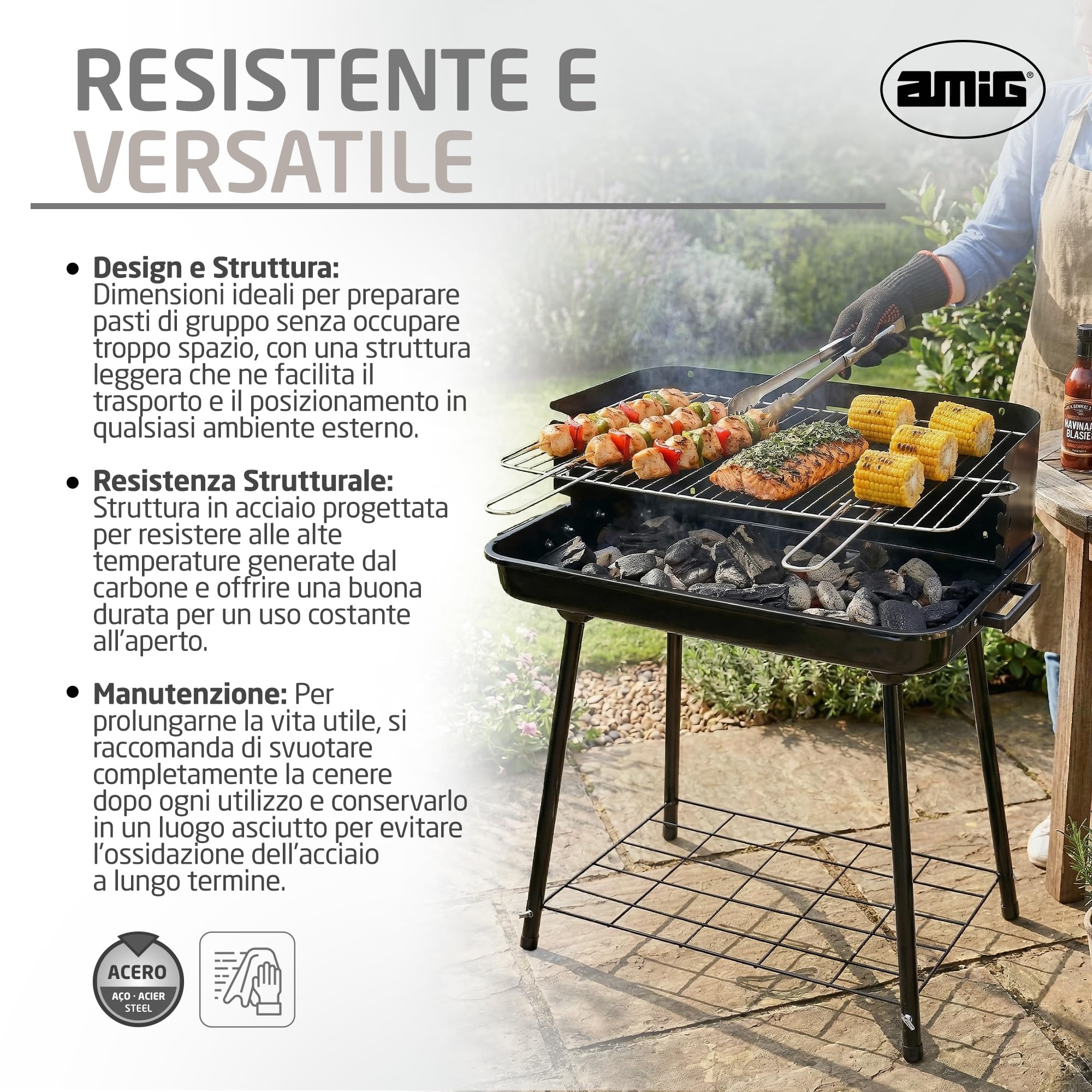 Amig - Barbecue a carbone - 67 x 40 x 82 cm - Nero - Fabbricata in Acciaio - Giardino e patio - per riunioni all'aperto con esperienza d'uso comoda e facilità di pulizia dopo ogni utilizzo. Mod. ORYX