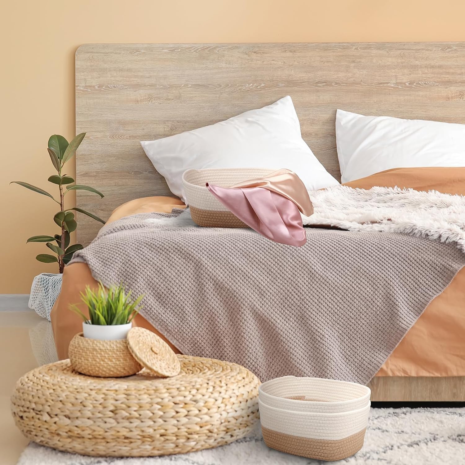 12 Pack Woven Storage Baskets for Organizing Cotton Rope Square Basket for Gifts Empty Storage Bin with Handle for Shelves, toys, Books, Towels, Clothes,12.6" l x 8.7" w x 6" h(Boho)