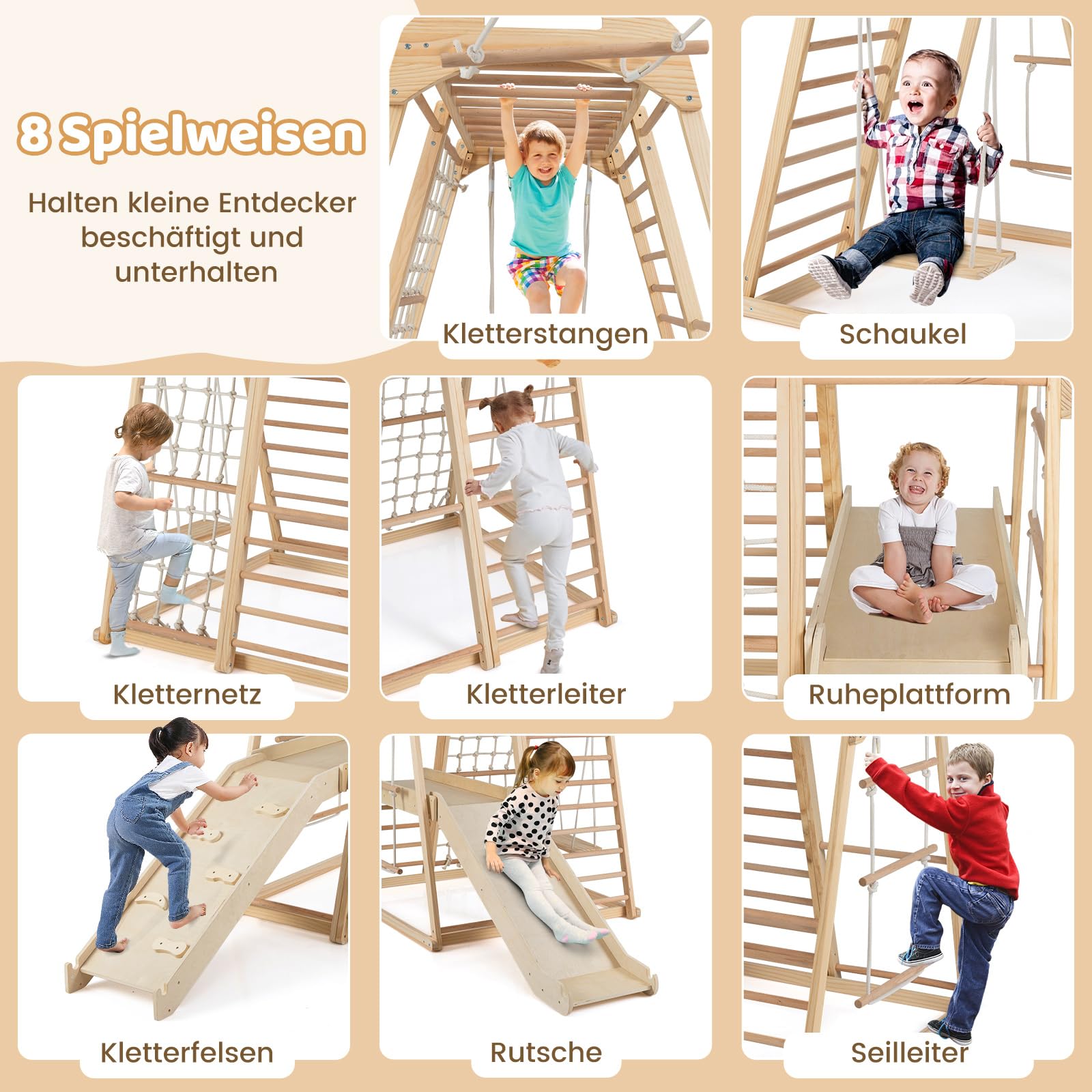 DREAMADE 8 in 1 Klettergerüst aus Holz, Montessori Kletterdreieck mit Schaukel & Leiter, Spielturm mit Rutsche & Kletternetz, Indoor Spielplatz für Kinder ab 3 Jahren (Natur)