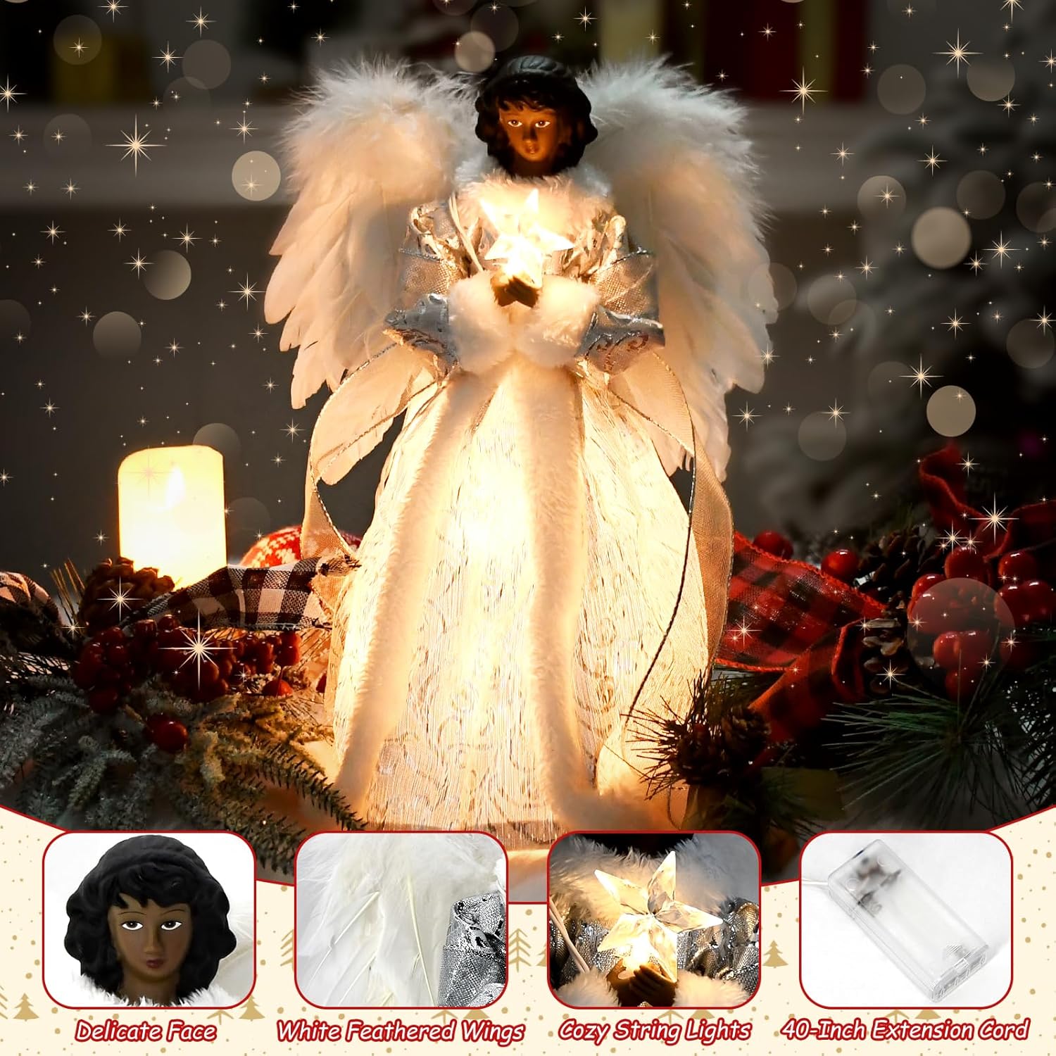 Angel Tree Topper with Lights and Remote Control, 12" Lighted Tree Toppers Christmas Decorations, Elegant and Durable, Perfect for Holiday Home Decor and Gifts, Black, WOKEISE