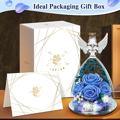Miniatura 5 de YEEBAY Regalos de flores preservadas para mujeres, mamá, esposa, abuela, figura de ángel con rosa y luz, ideal para Navidad, aniversario, boda, día