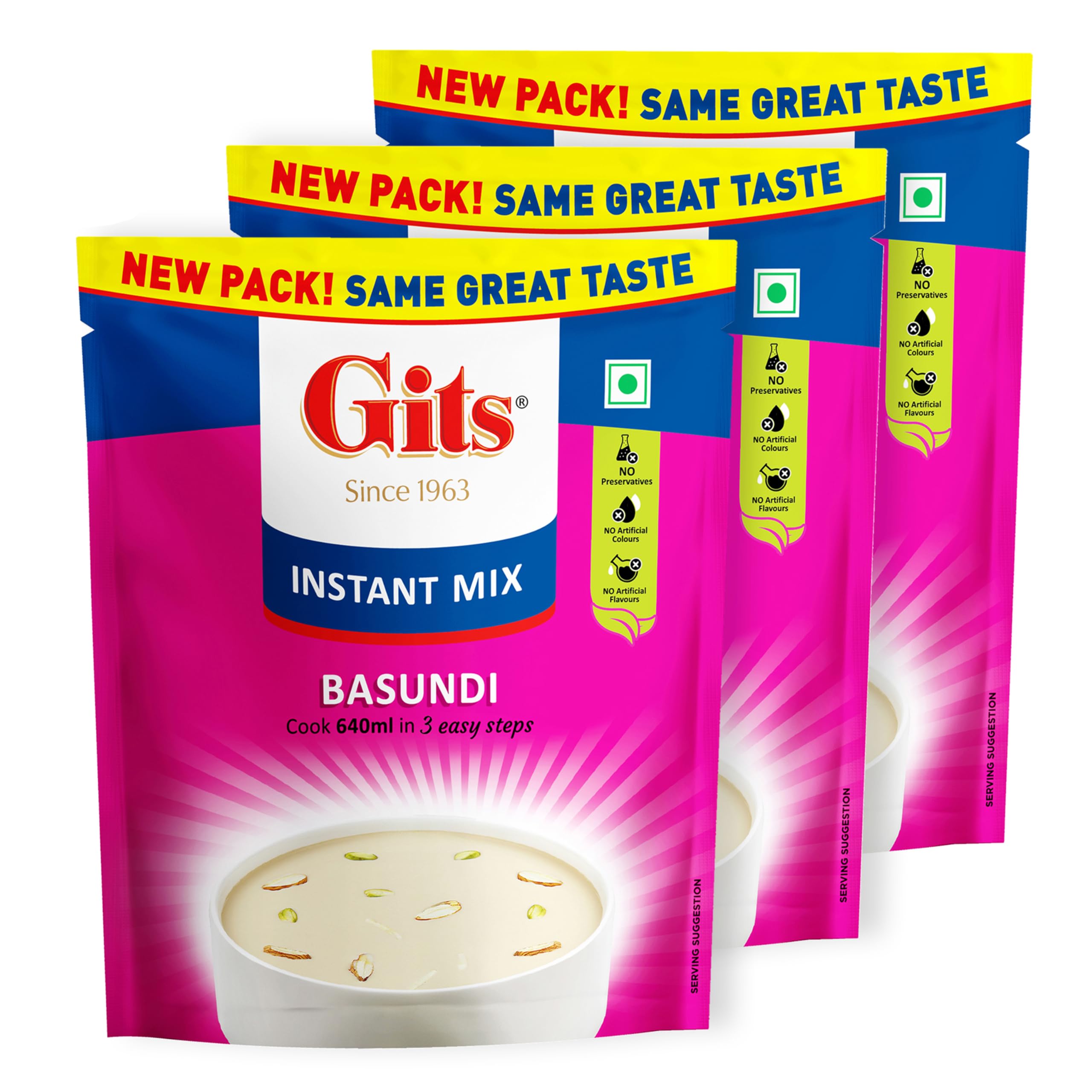 Gits Instant Basundi Dessert Mix, Pure Veg, Indian Sweet and Dessert Ready Mix, 375 g (Pack of 3, 125g Each)