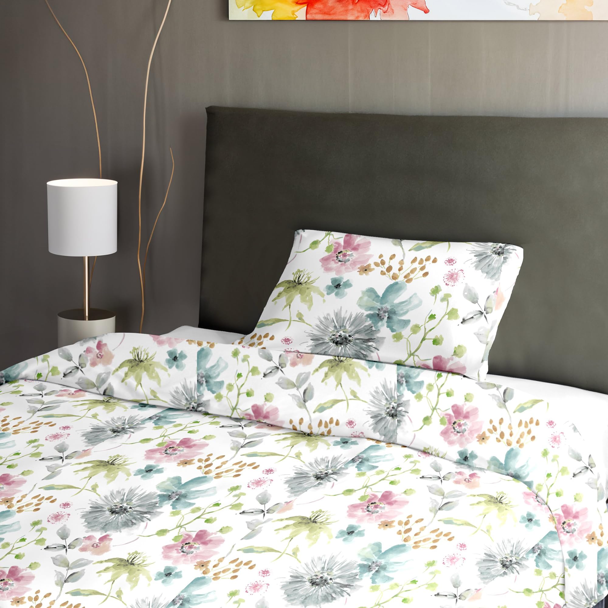 Ruggeri - Set Copripiumino Piazza e Mezza - 100% Puro Cotone - Made In Italy - Collezione Flower Mon Amour (Eden)