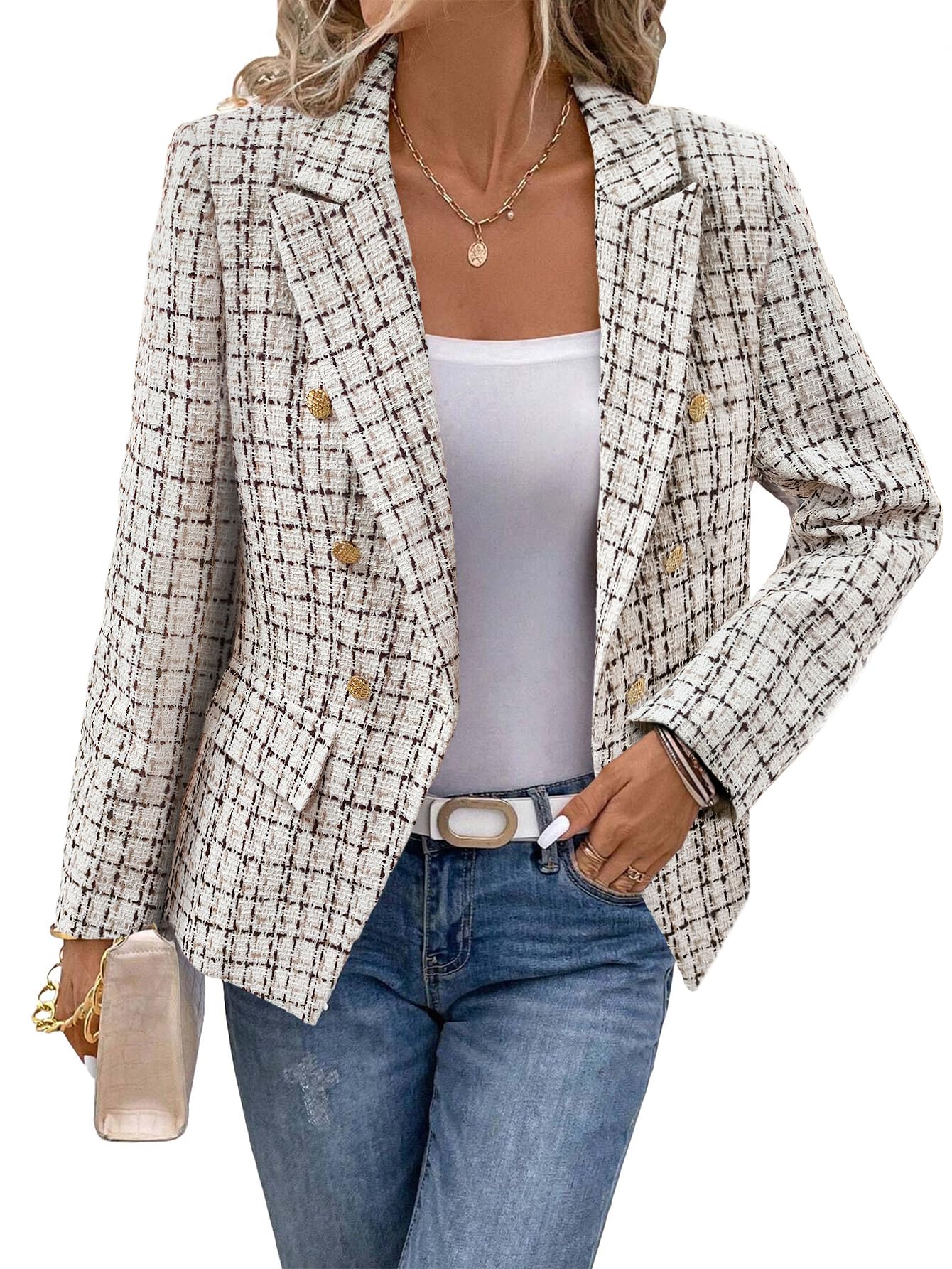 Mina Self Tweed Plaid Blazer