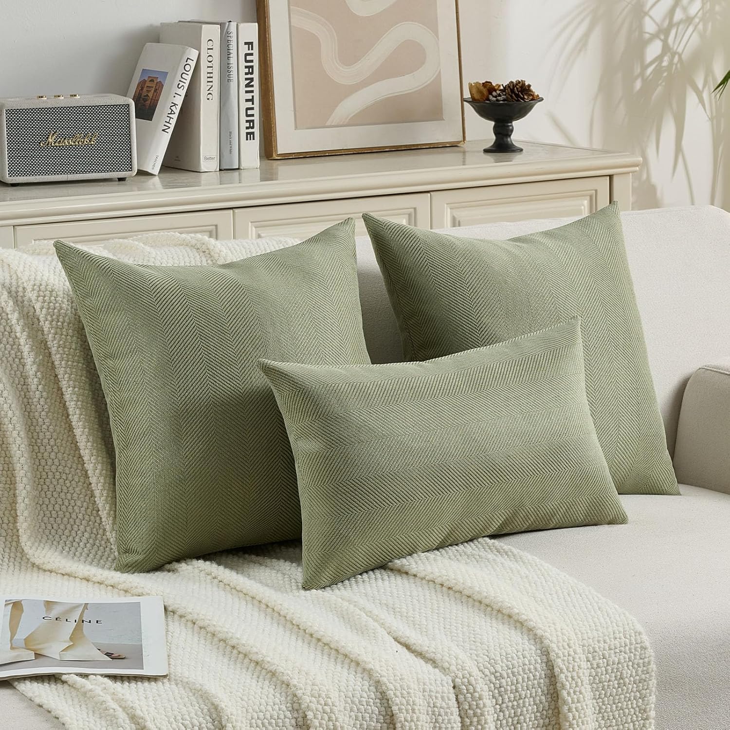 FUTEI Sage Green Chenille Throw Pillow Covers 18x18 Inch Set of 2,Soft Wide Chevron Textured Cushion Case,Farmhouse Home Decor for Couch Bed Living Room - Image 4