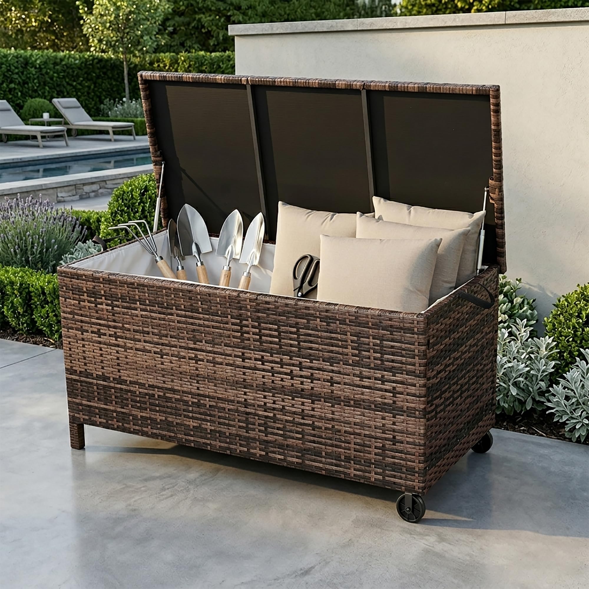 SPRING GARDEN FURNITURE Large Outdoor Wicker Storage Box with Wheels, 122x56x61cm Brown Rattan Deck Box, Mobile Waterproof Garden Cushion Container & Patio Trunk for Pool & Deck (Brown)