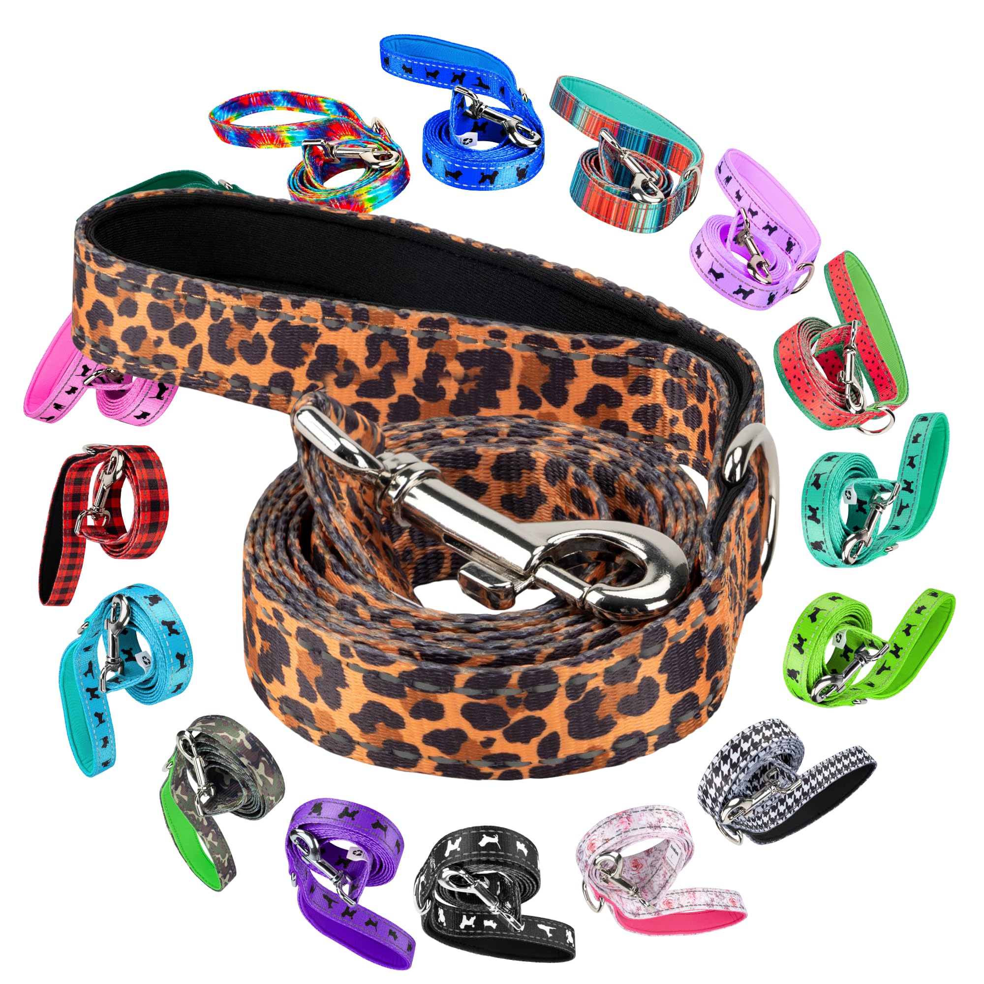 EcoBark Dog Leash - Soft & Reflective Comfort Leash with Padded Handle - Safe, Strong, & Durable for Small, Medium or Large Dogs (Cheetah)