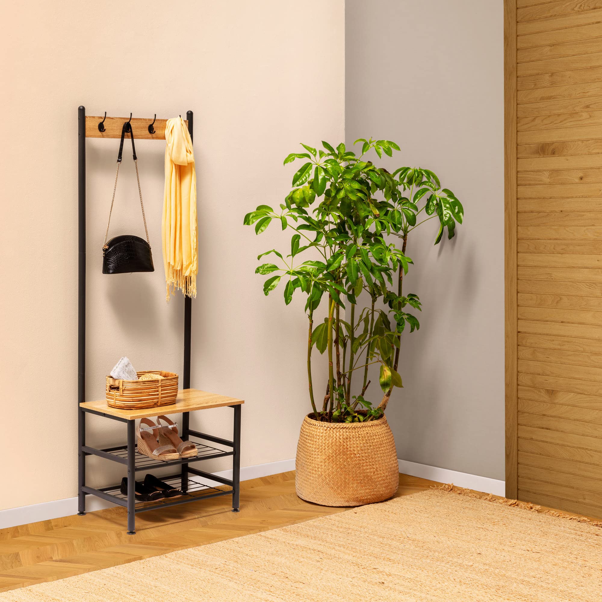 HOMN LIVING Perchero con zapatero Lisa con banco 2 estantes, color Roble/Negro, 60 cm (Ancho) 40 cm (Profundo) 175 cm (Altura)