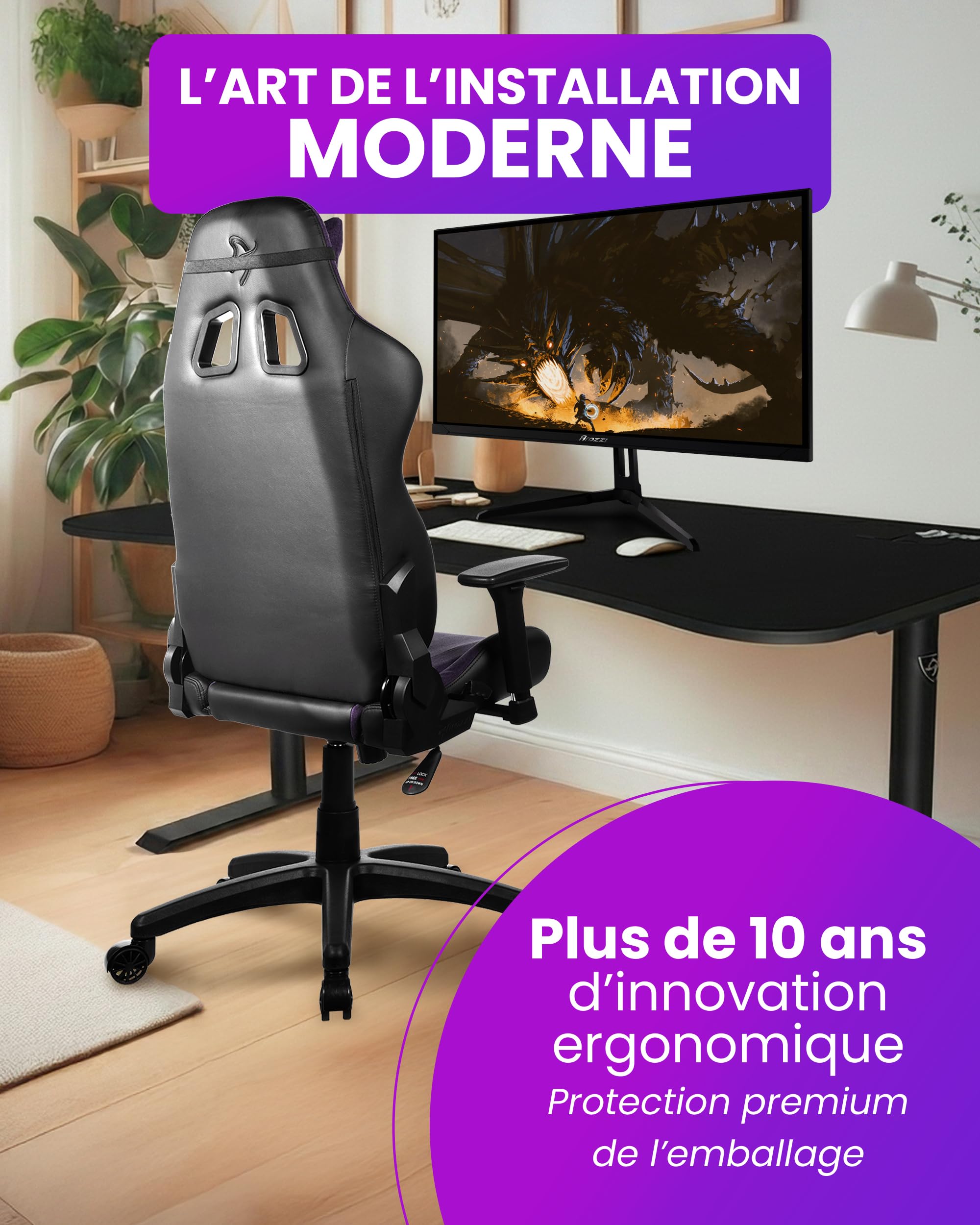 Arozzi Avanti Chaise Gaming Tissu Doux Violet | ergonomique, réglable en hauteur, dossier & accoudoirs, coussin de tête, design suédois, télétravail