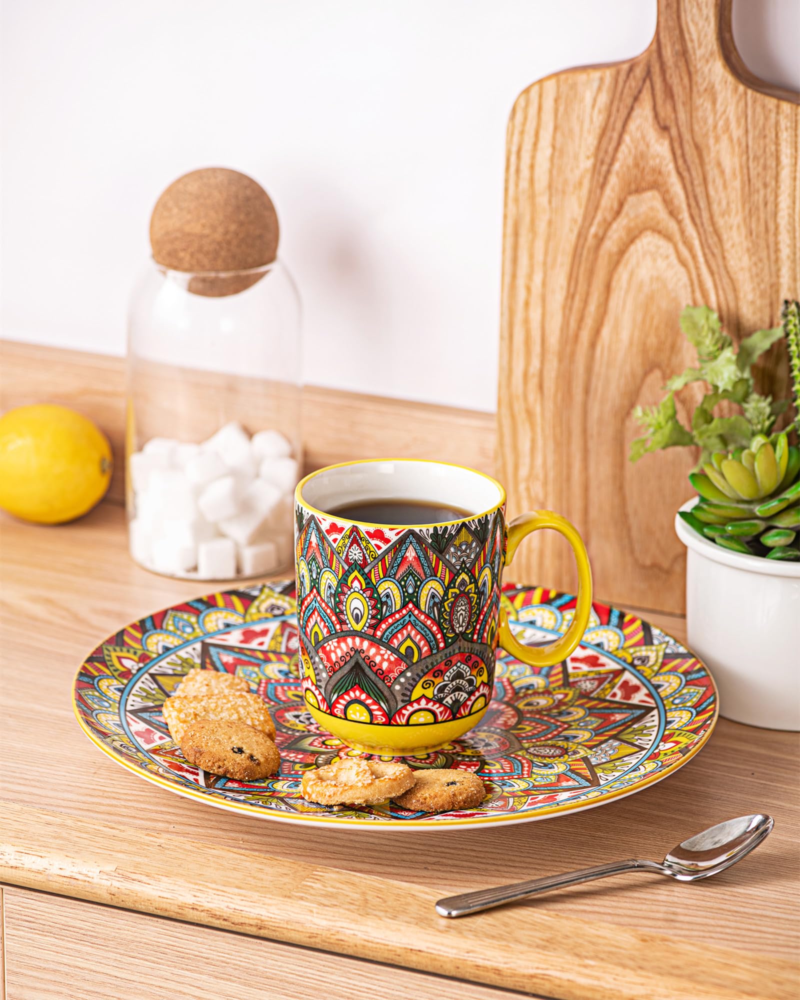 Henten Home Lot de 6 Grandes Tasses à Café en Porcelaine, 400ml Mugs avec Anse pour Thé, Café, Lait, Cappuccino, Résistant au Lave-vaisselle et Micro-ondes