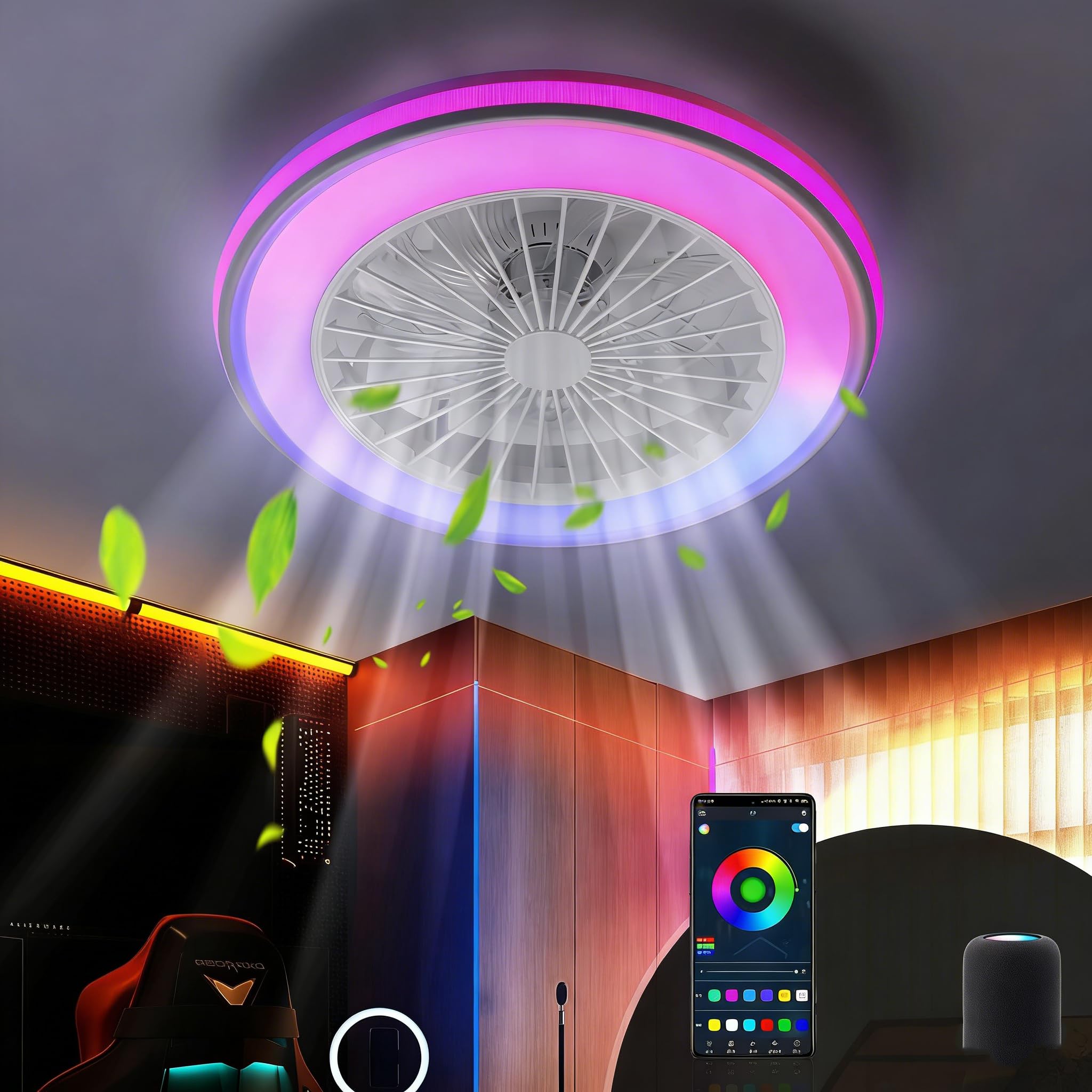 Deckenleuchte mit Ventilator, leise, RGB, Bluetooth-Musik 40W