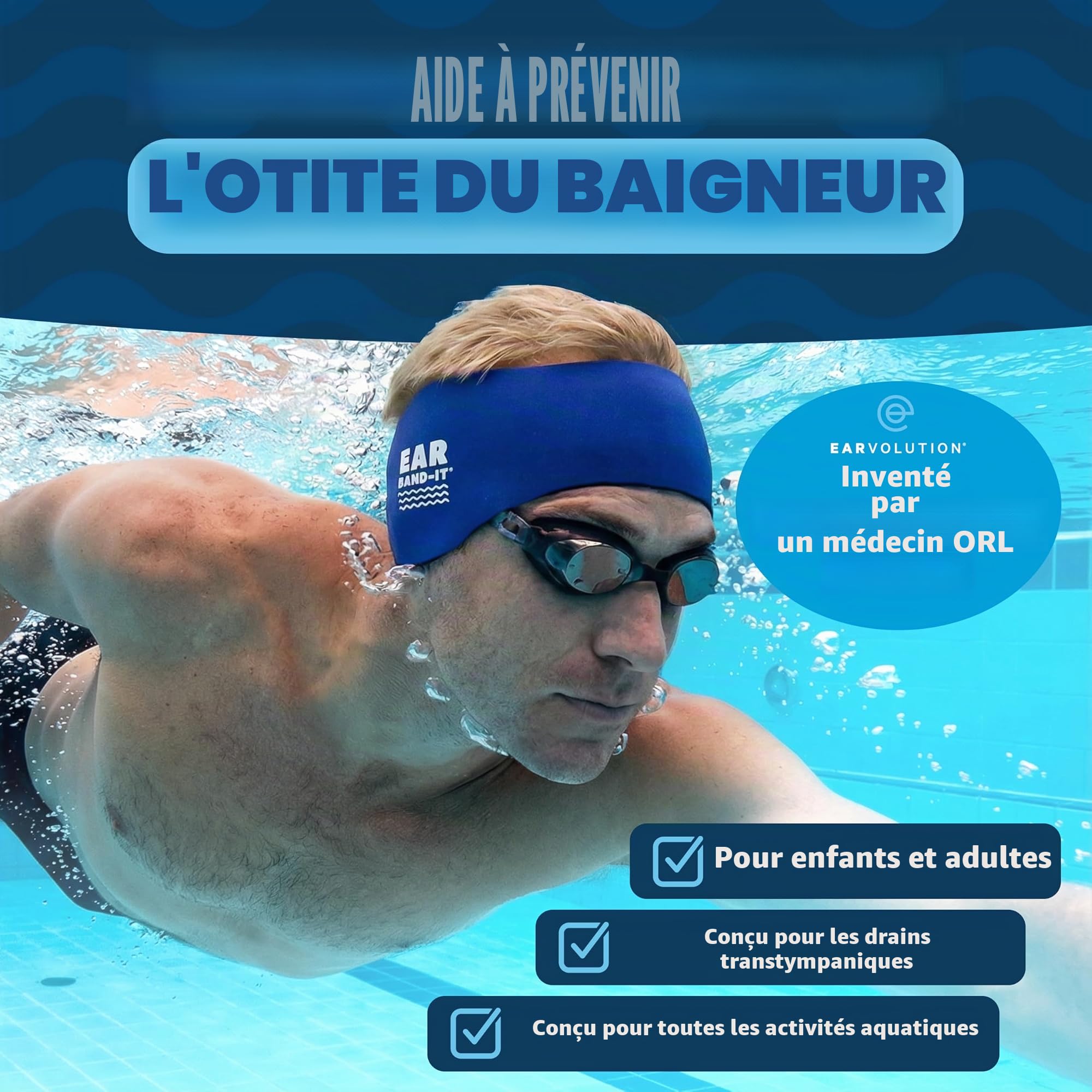 Ear Band-It Diadema natation (inventé par un médecin) retient l' eau, sous réserve le bouchons oreilles (sécurisé le bouchons oreilles) Les grands (âgés de 10 ans et adultes) Sarcelle
