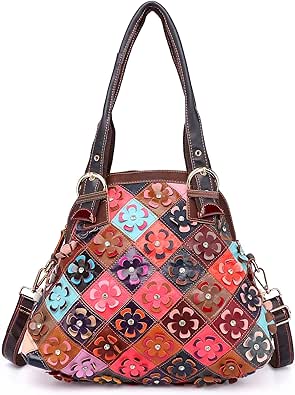 Segater Vrouwen 2Pcs Bloem Multicolor Tote Lederen Kleurrijke Handtas Willekeurige Bloemen Splicing Schoudertas Werk Shopper Satchel met Portemonnee, Meerkleurig, Eén maat