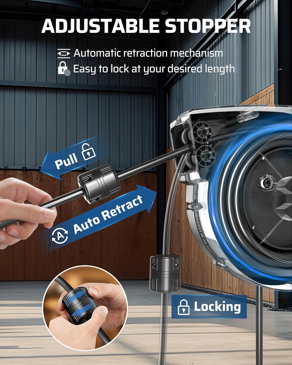 DEWENWILS 45FT Extension Cord Reel with Twist-lock Stopper, 12/3C SJTOW Heavy Duty Power Cord Reel, Brighter Triple Tap Outlet, 15A Circuit Breaker for Garage Construction Site, ETL Listed, Black