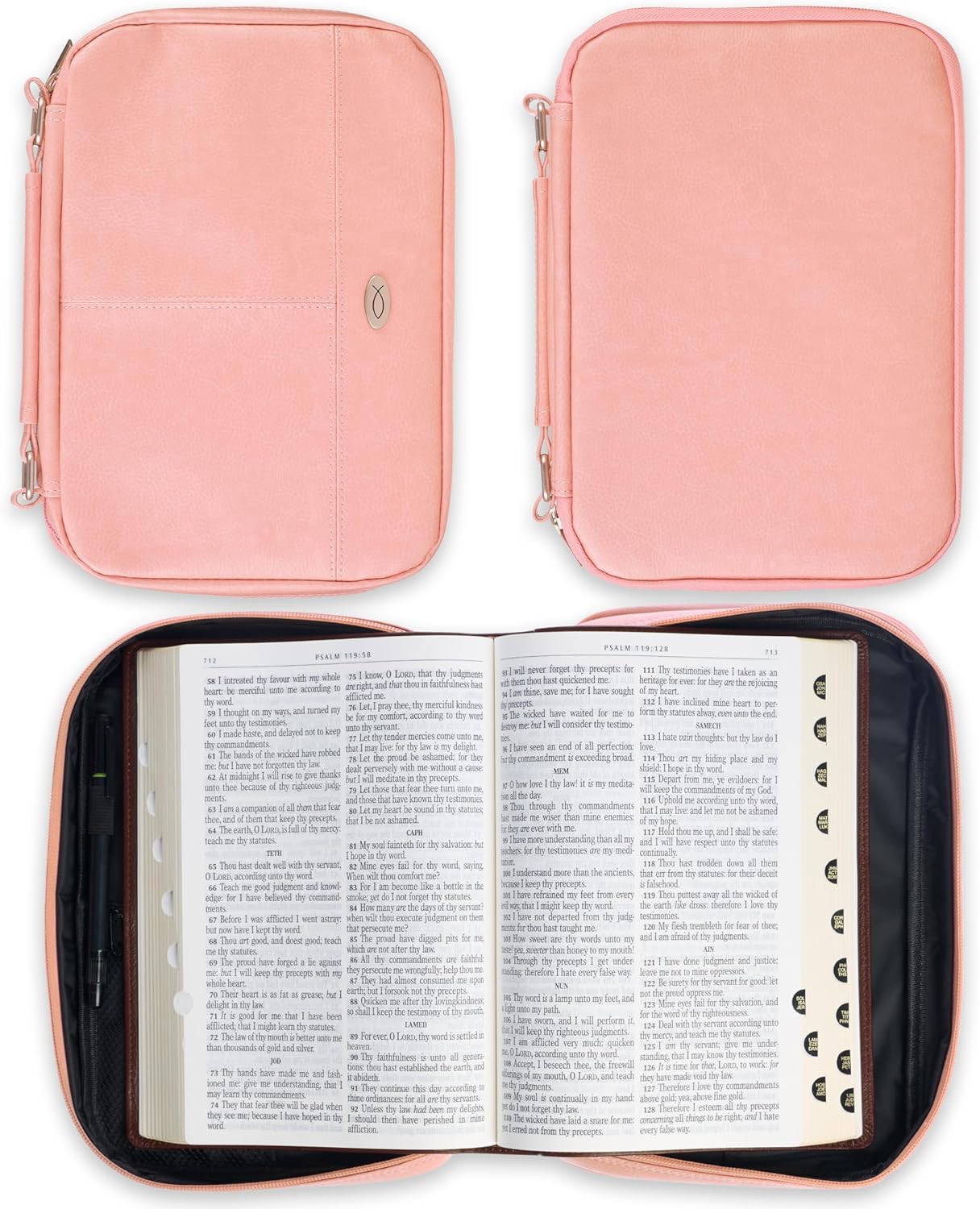 Christian Art Gifts Inspirational Vegan Leather Two-fold Organizer Bible Cover for Women, Jesus Fish Badge, Sturdy Carry Handle, Pen Loops, Pockets, Pen/Highlighter Combo & Notepad, Pink, Medium
