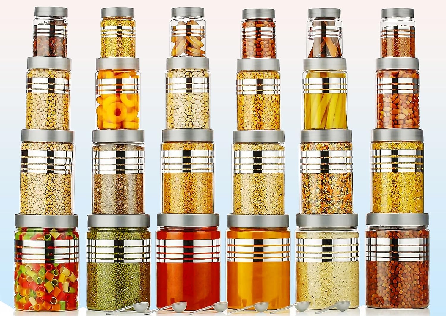 SHOPPIE Plastic Pet Storage Jar and Container(250ml, 350ml, 650ml, 1200ml) With Spoons Air Tight | Kitchen Organiser Improved Model Silver line Printed (set of -24)