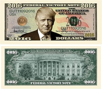 American Art Classics Trump Presidential Collectors 8 Bill Set: Commander in Chief, 2016, 2016 Victory, Legacy, 2017, Trump and Melania and Hillary for Prison Note
