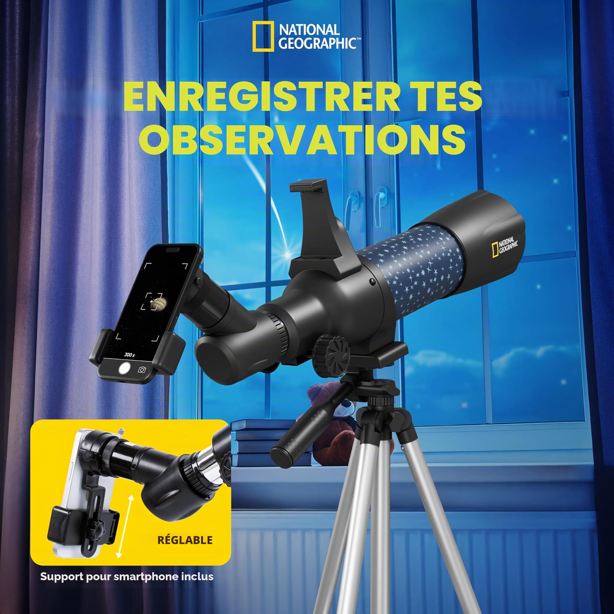 National Geographic Télescope Intelligent AR pour Enfant avec trépied, Sac à Dos, Support pour Smartphone et Application de réalité augmentée