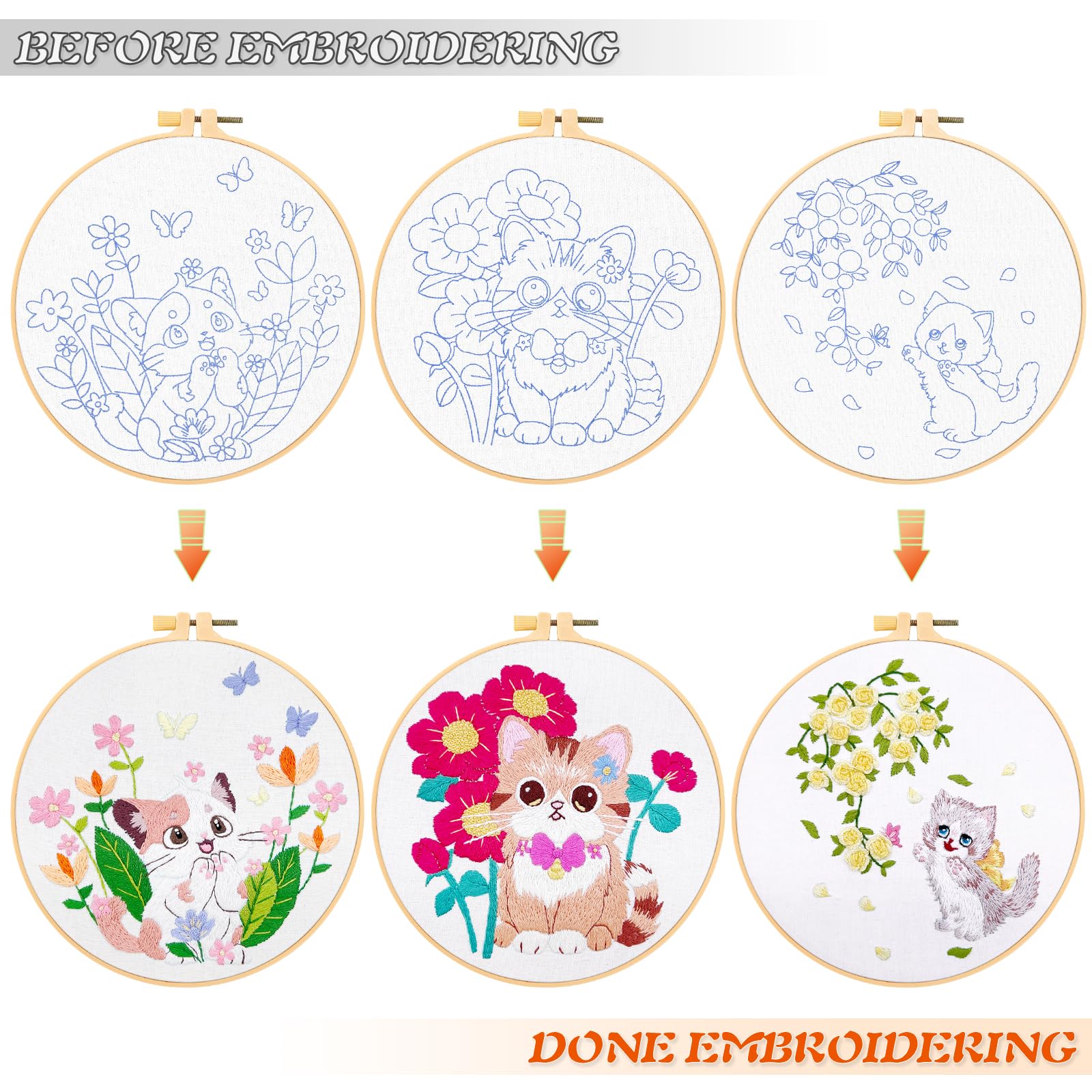 JSRQT Kit Broderie 3 Pièces Thème Chat Adorable – Idéal Débutant, Point De Croix DIY Avec Cerceau Et Fils Complets