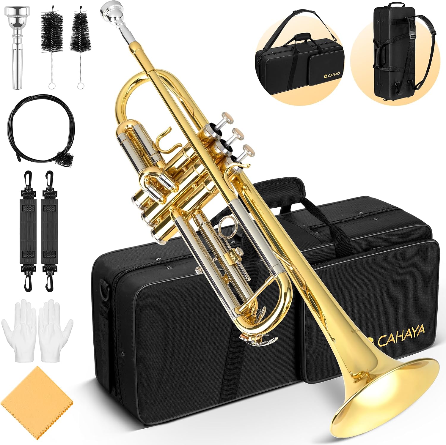 CAHAYA Bb Trumpet Instrument Brass Student Trumpet Trompeta Set Gold | Includes Hard Case, 7C Mouthpiece & Gloves. Standard Brass Trumpet Instrument for Beginner and Advanced Students