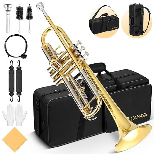 CAHAYA Bb Trumpet Instrument Trompeta: Brass Student Trumpet with Hard Case 7C Mouthpiece Gloves Standard Trumpets for Beginners or Advanced Students Gold