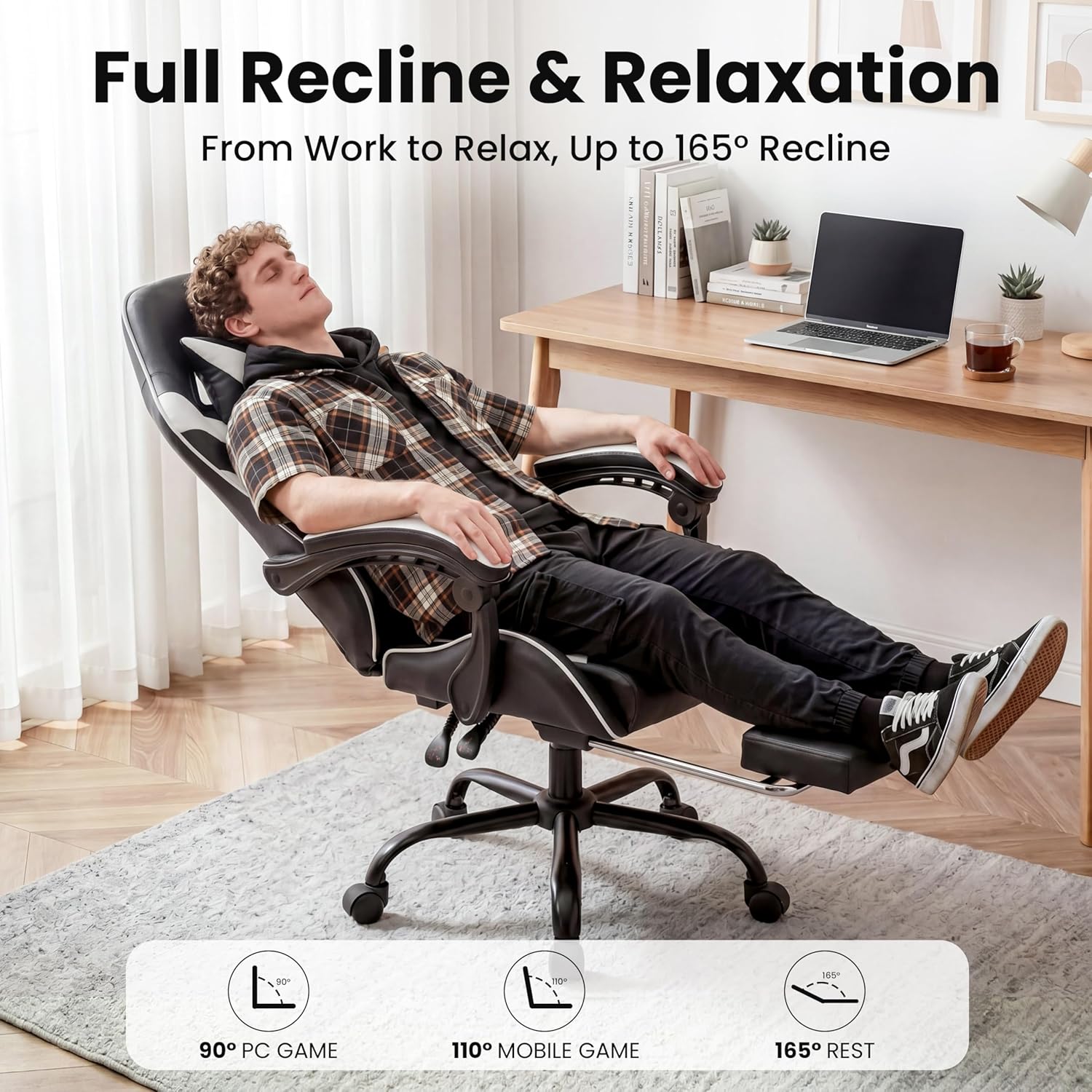 Gaming Chair, Ergonomic Computer Chair with 90°-150° Reclining Backrest & Footrest, Headrest & Lumbar Support, 363° Swivel Height Adjustable Desk Chair, High Back for Adults