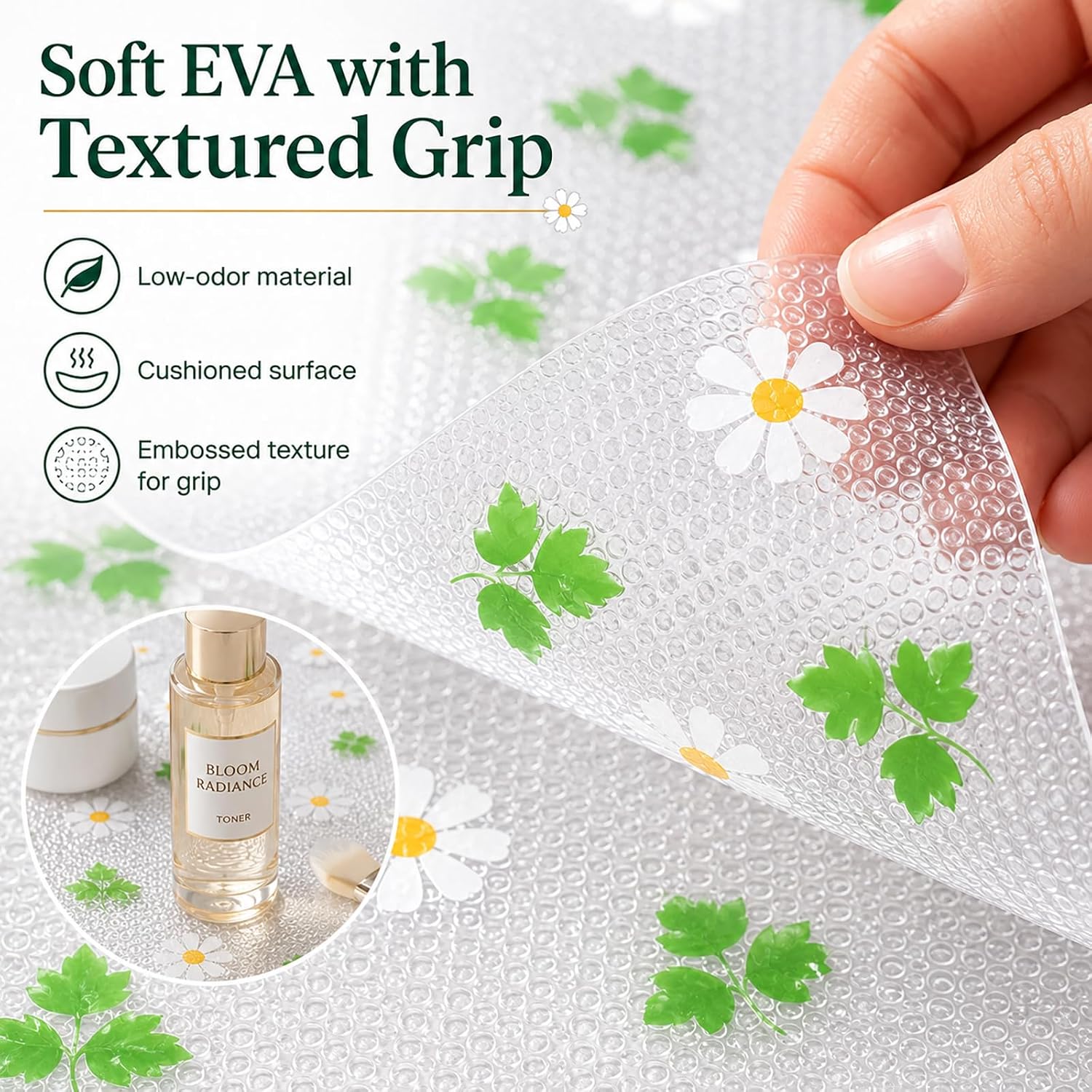 Vanity Drawer Liner: Floral EVA Non Slip Mat 11.8 x 118 Inch Semi Transparent Daisy Liner with 20 Clear Adhesive Dots (Clear Daisy, 11.8 x 118 Inch, Rectangle)