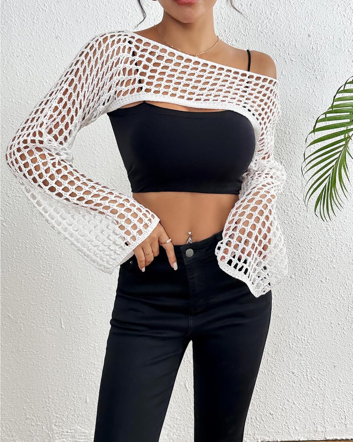 Womens Crochet Crop Tops Y2k Knit Shrug Sweater Hollow Out Long Sleeve Bikini See Through Cover Ups - Image 6