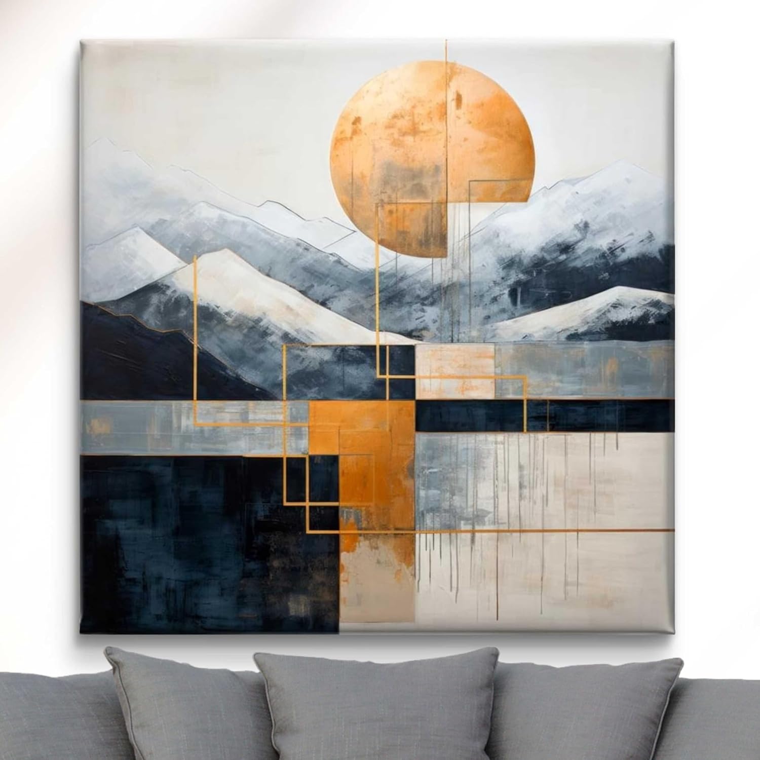Livin’luxe Modern Abstract Mountain Landscape Canvas Wall Art, Orange Sun Geometric Print, Grey and Navy Blue Home Decor 16 Inch x 16 Inch CVS-38139