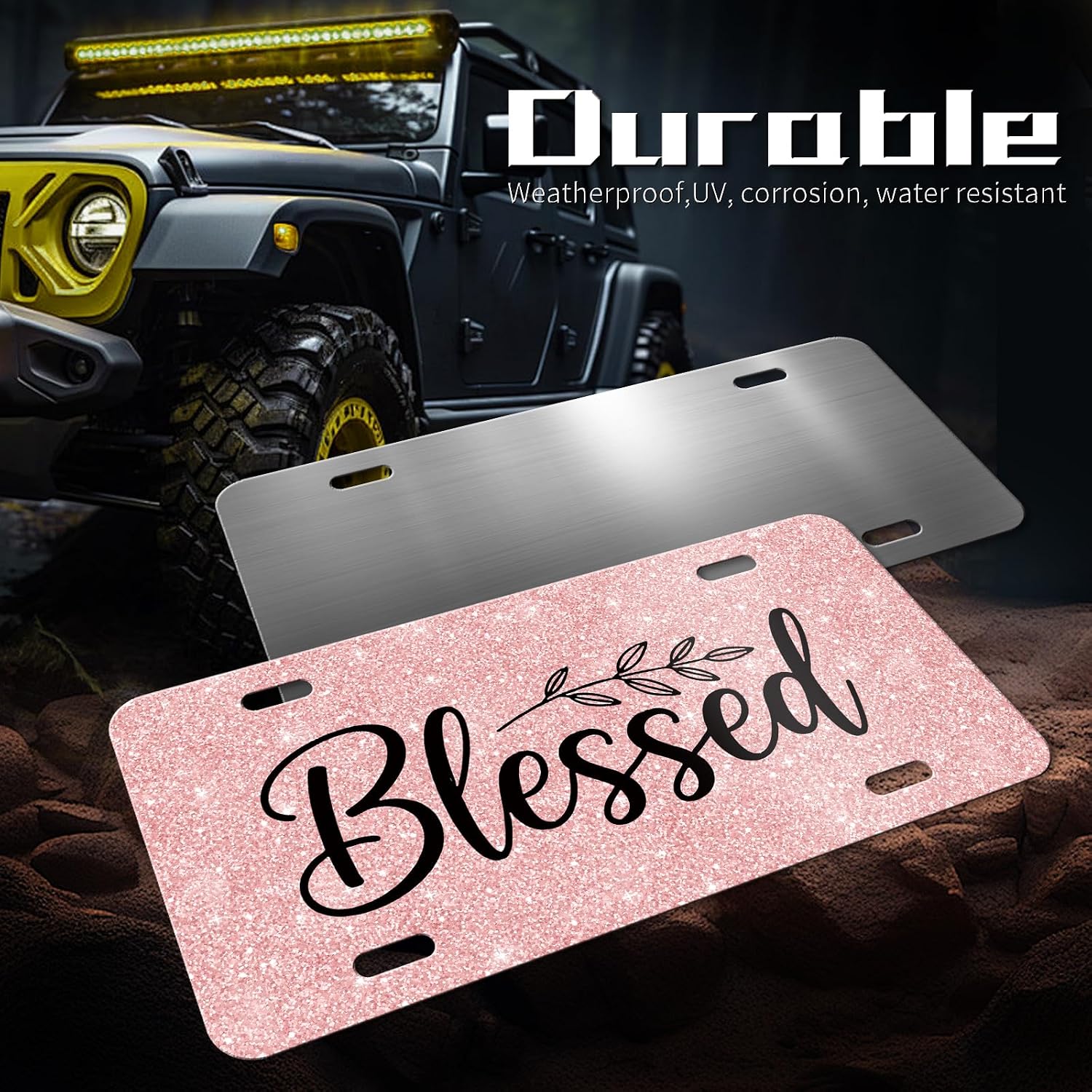 Decorative Front License Plate Cover, Rust-Proof Aluminum Car Vanity Tag, 6x12 Inch with 4 Holes,Personalise Noverlty License Plate Tag for Men & Women - Pink Blessed