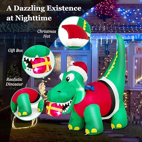 Miniatura 5 de Tangkula Mordedura inflable de dinosaurio de Navidad iluminada de 6 pies, caja de regalo, decoración inflable de Navidad con luces LED y caja de