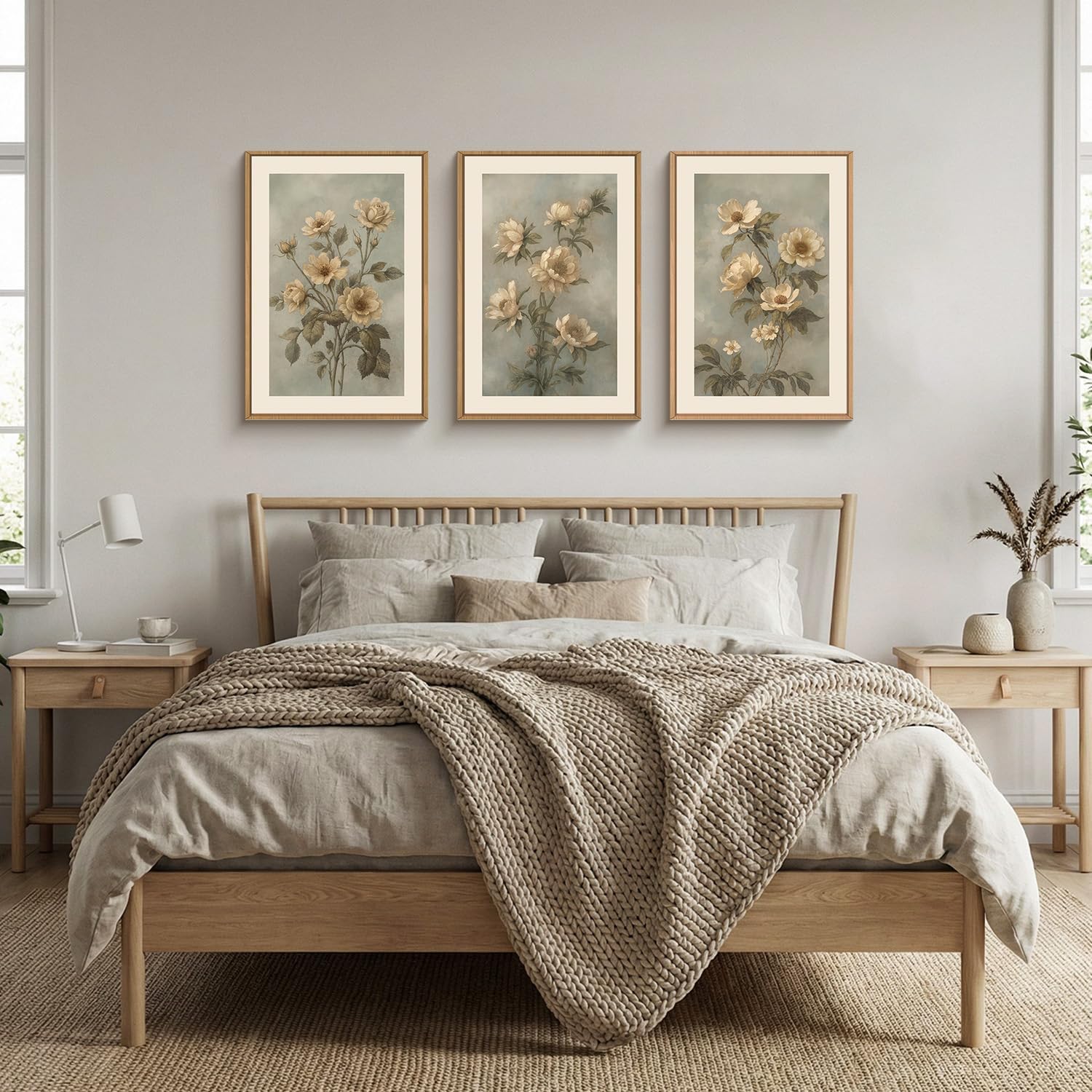 KAIRNE Vintage Botanical Flower Wall Art Set of 3, Modern Boho Floral Framed Canvas Art,Mid Century Nature Wildflower Wall Decor, Green, Beige for Living Room, Bedroom, Farmhouse, Office 24x36 Inch