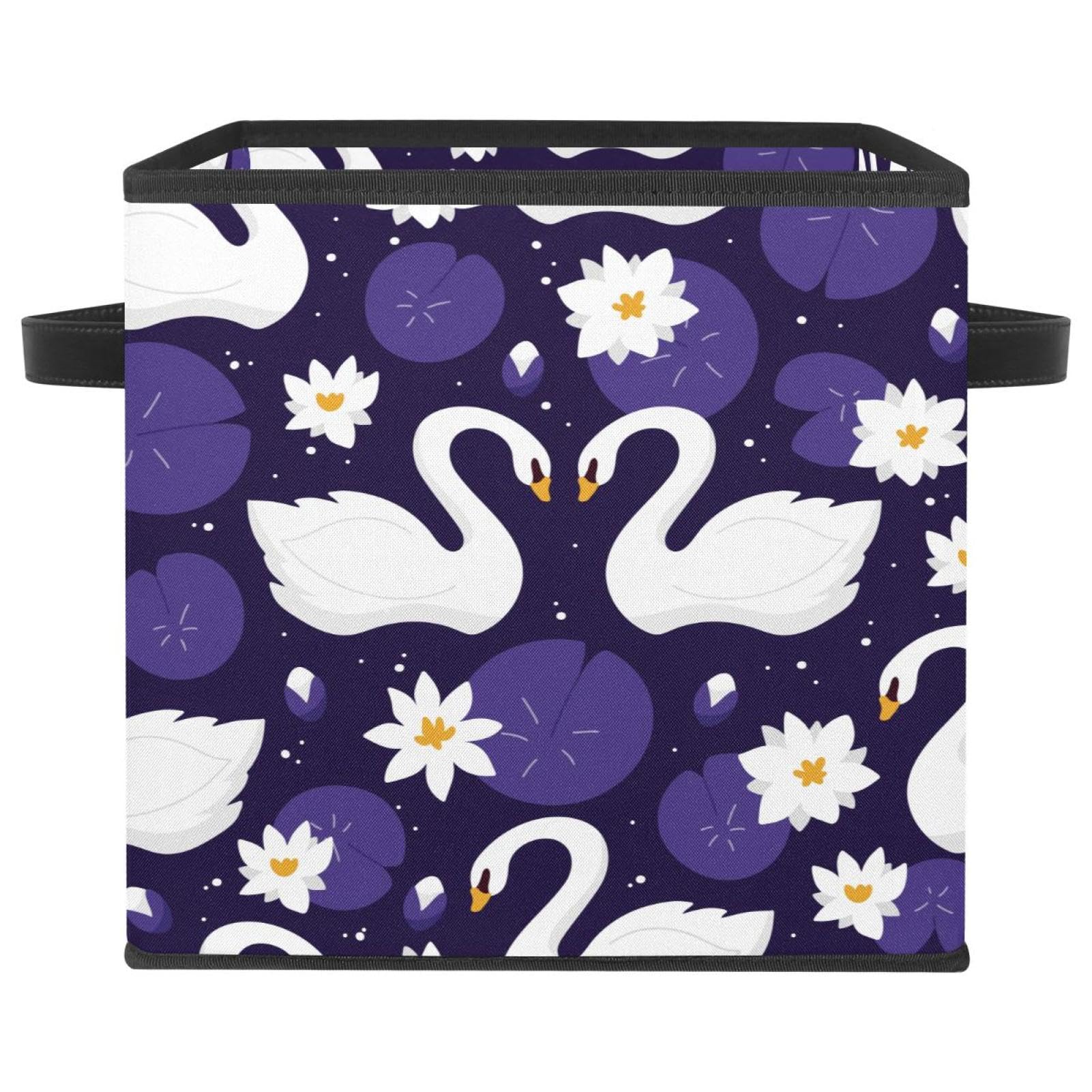 Cube de rangement pliable avec poignées motif cygne violet en tissu