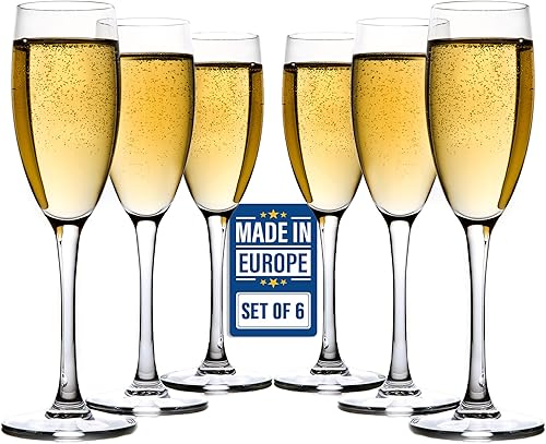 Juego de 6 copas clásicas de copas de champán, copas altas transparentes para campaign y vino, vino espumoso para tostar flautas de boda, 6.5 onzas