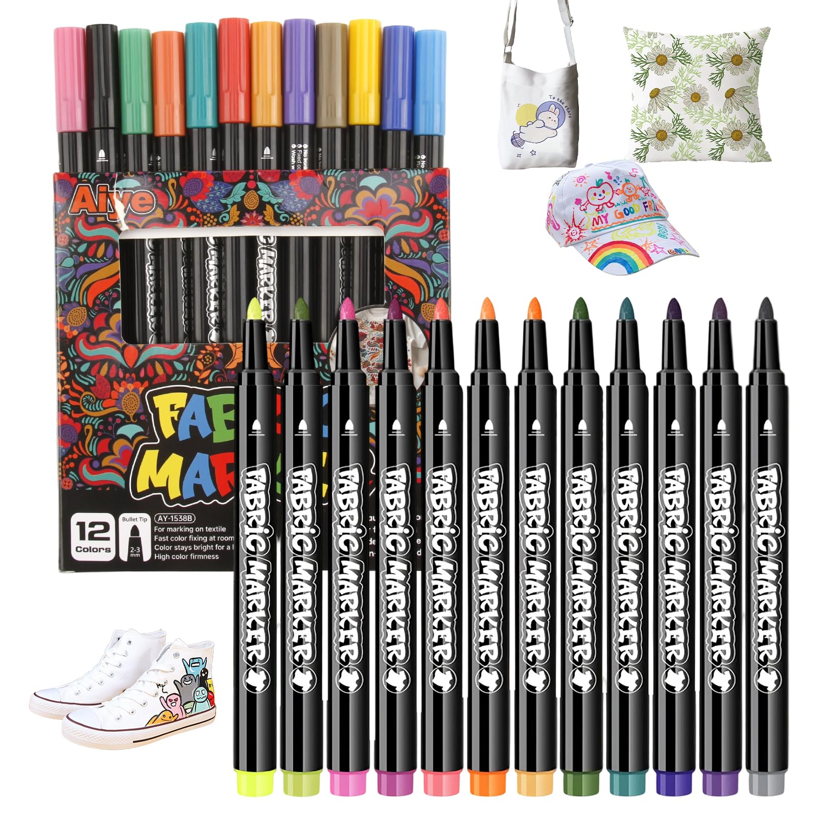 Marcadores textiles y tejidos, juego de 12 rotuladores textiles permanentes y marcadores indelebles para tejidos, ideal para camisetas, bolsas y zapatos, pintura textil vivamente colorida para