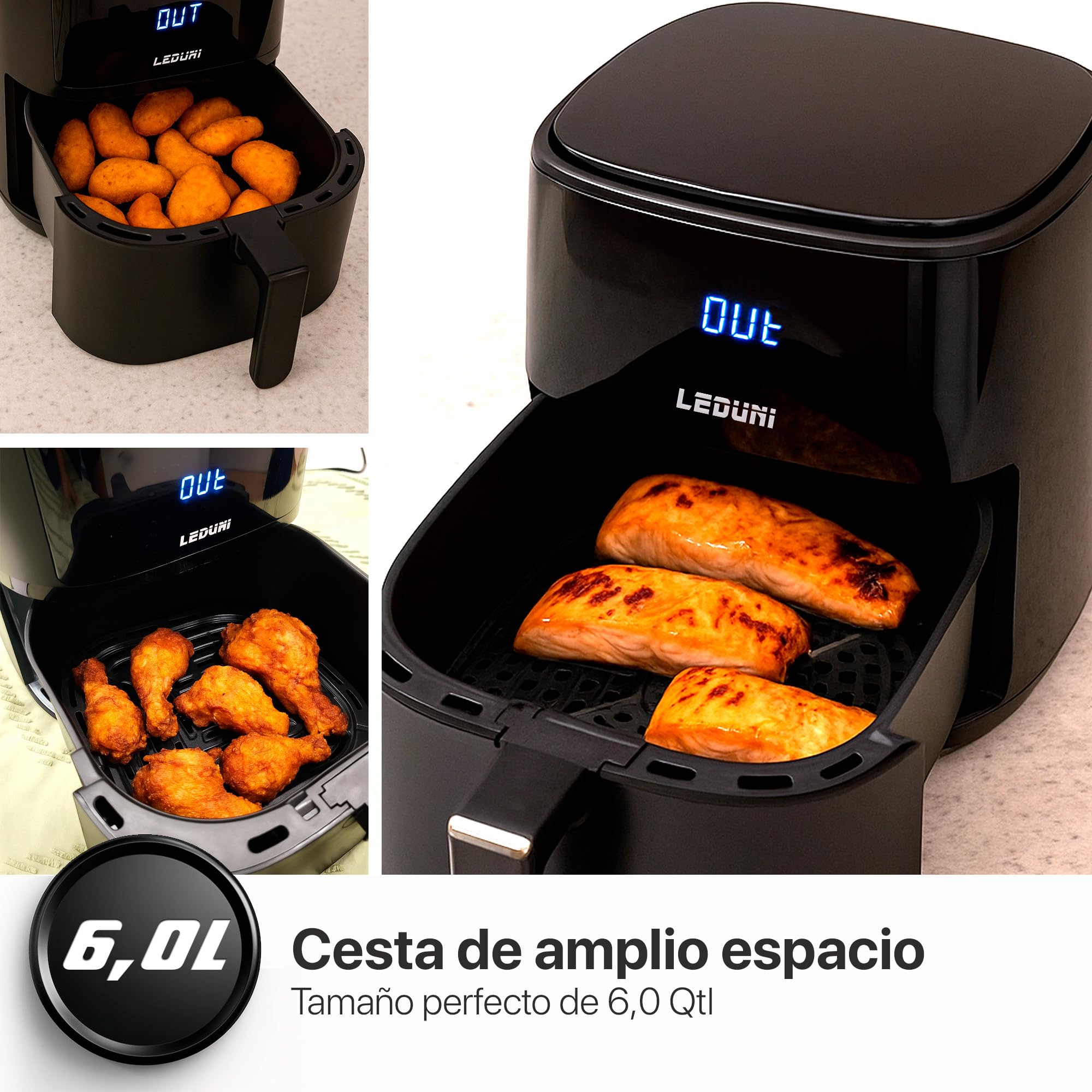 Leduni Freidora de Aire sin Aceite 6L de capacidad 1700 W, Uso Sencillo, Panel Táctil Air Fryer,Temperatura Regulable 80-200°C, ahorro energético hasta 70% (Negro 6L)