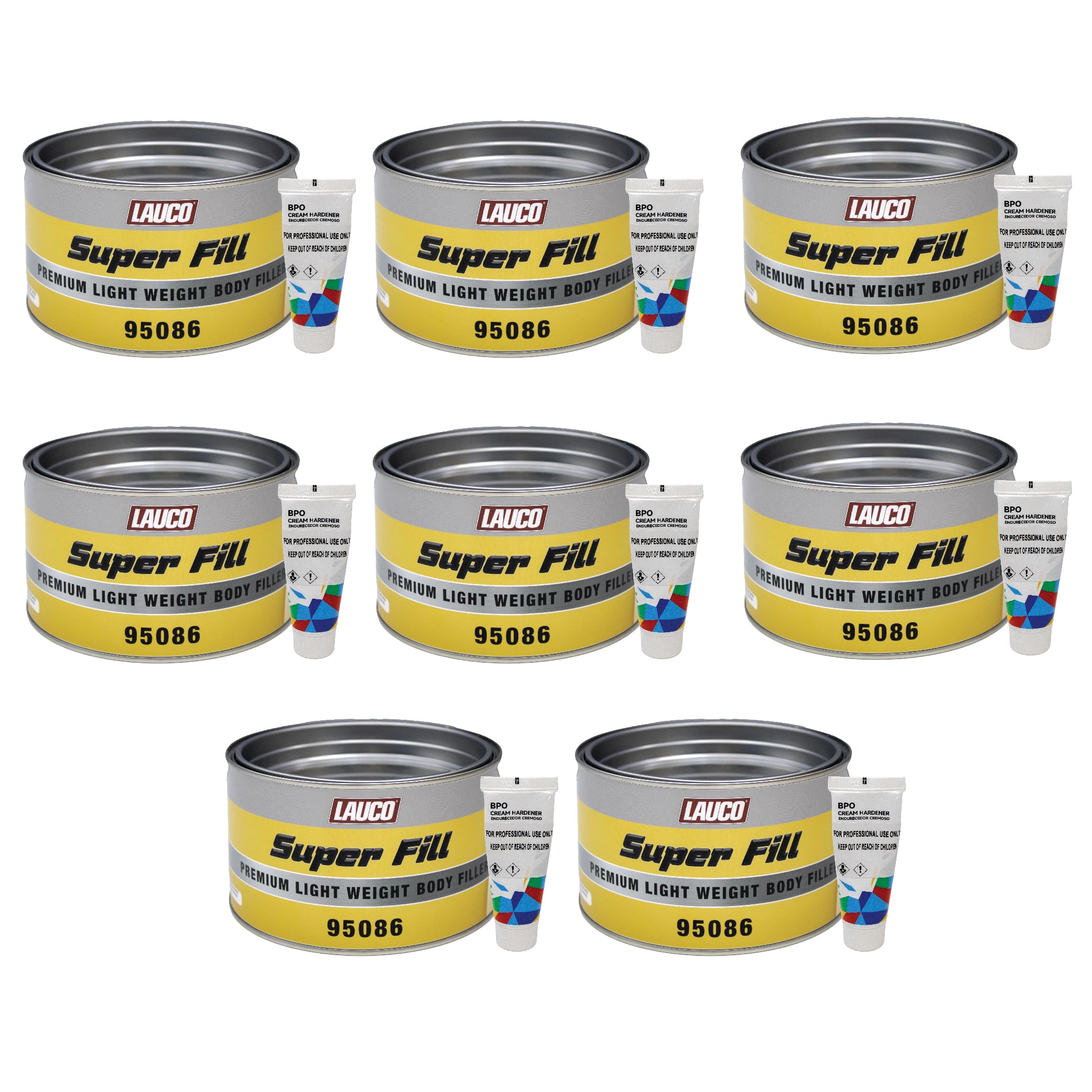 LAUCO Super Fill Premium Lightweight Body Filler - Pack of 8 - Ideal for Small-Medium Dents & Scratches, Adheres to Fiberglass, Steel, Galvanized, Zinc & Aluminum, 8 Quart + 8 Hardener