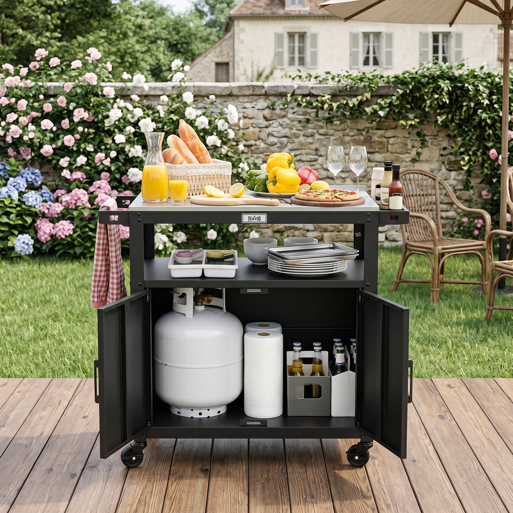 Feasto Chariot pour Barbecue avec Armoire de Rangement, 100x45x88 cm | Desserte Plancha avec Plateau en Acier Inox et 4 Roues, Idéal pour Jardin , Terrasse ou Cuisine Exterieure