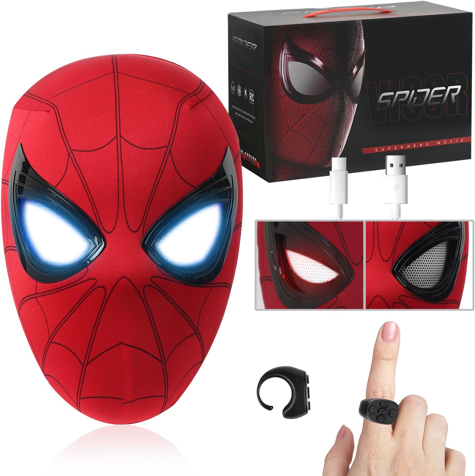 Superhero Spider Mask, Role Play Toys with LED Lights Movable Eyes - Remote Control, Christmas Birthday Gift