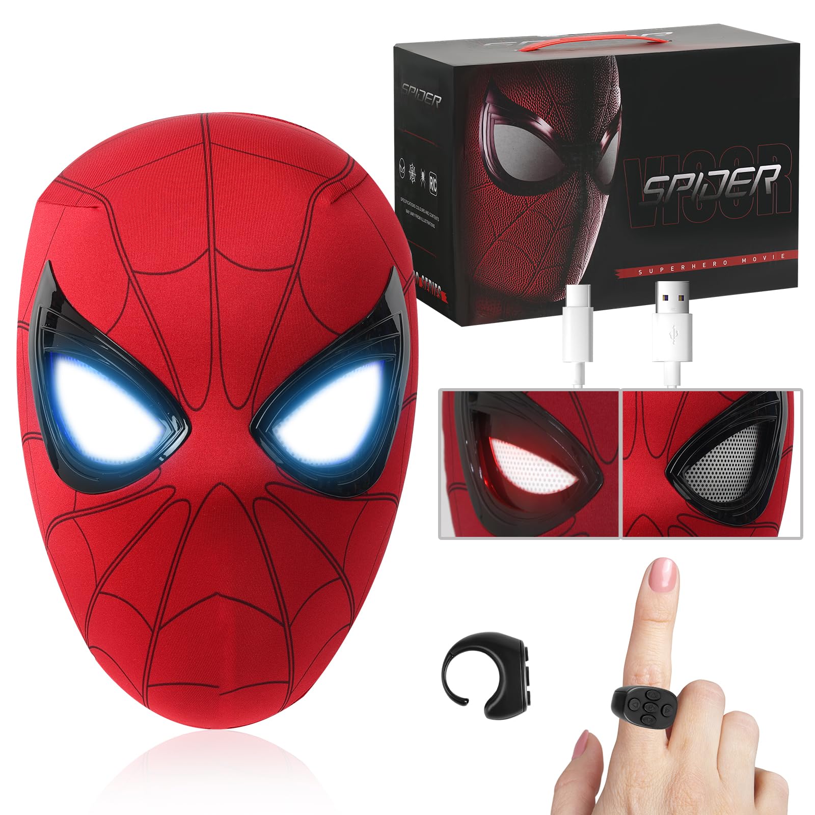 DuejdioSuperhero Spider Mask, Role Play Toys with LED Lights Movable Eyes - Remote Control, Christmas Birthday Gift