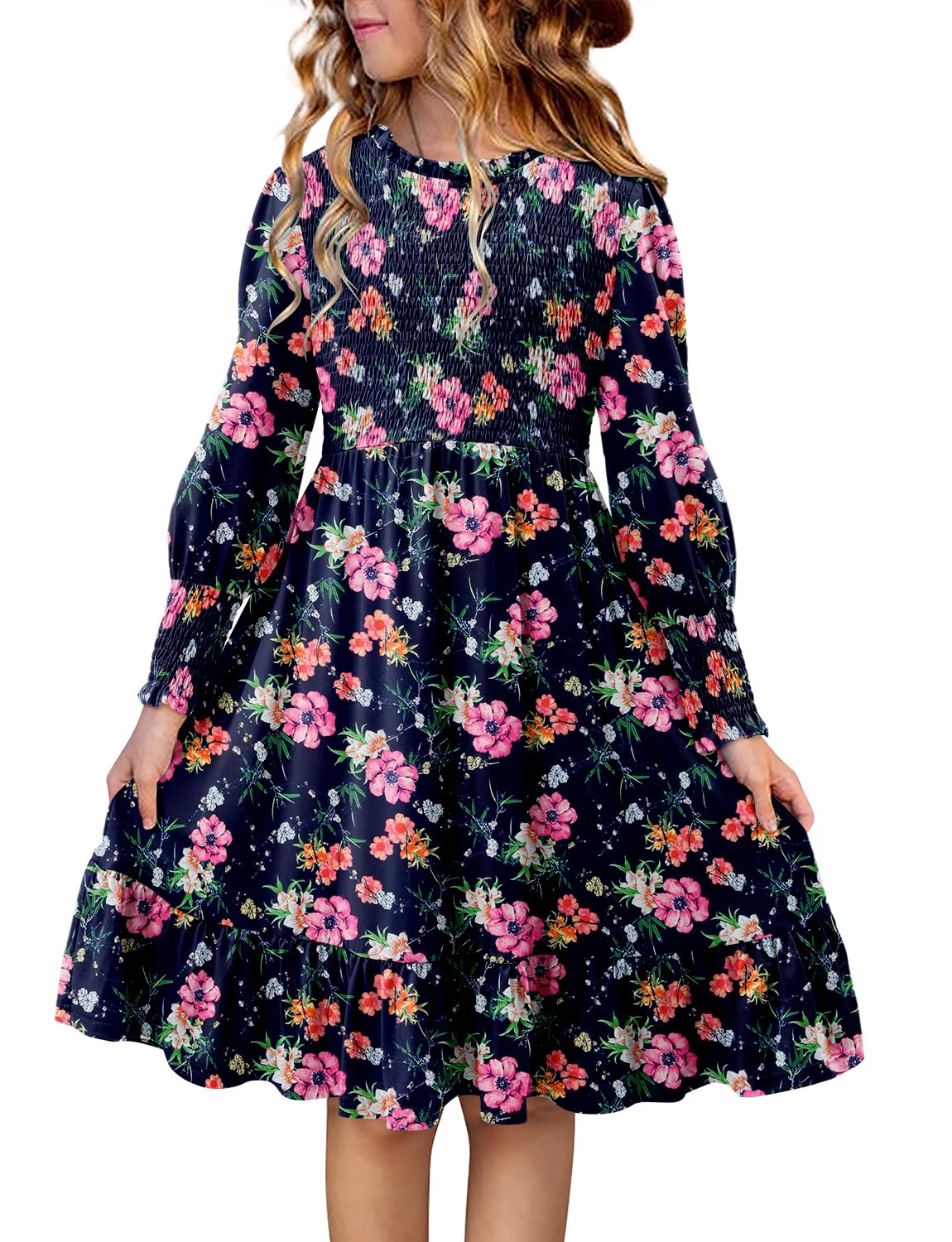 Yoklass Girls Smocked Dress Casual Puff Long Sleeve Ruffle Neck Dresses 4-13 Years