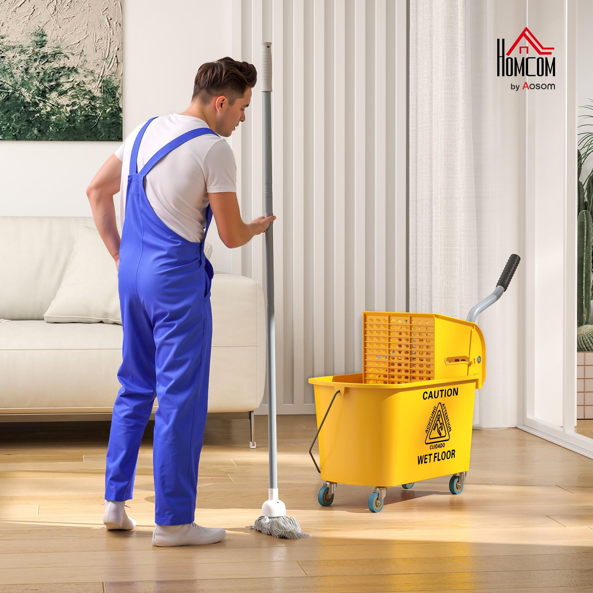 HOMCOM Reinigungswagen 20L mit Presse und Kehrgarnitur, Putzwagen Eimer mit Mopp und Rolle, Gelb