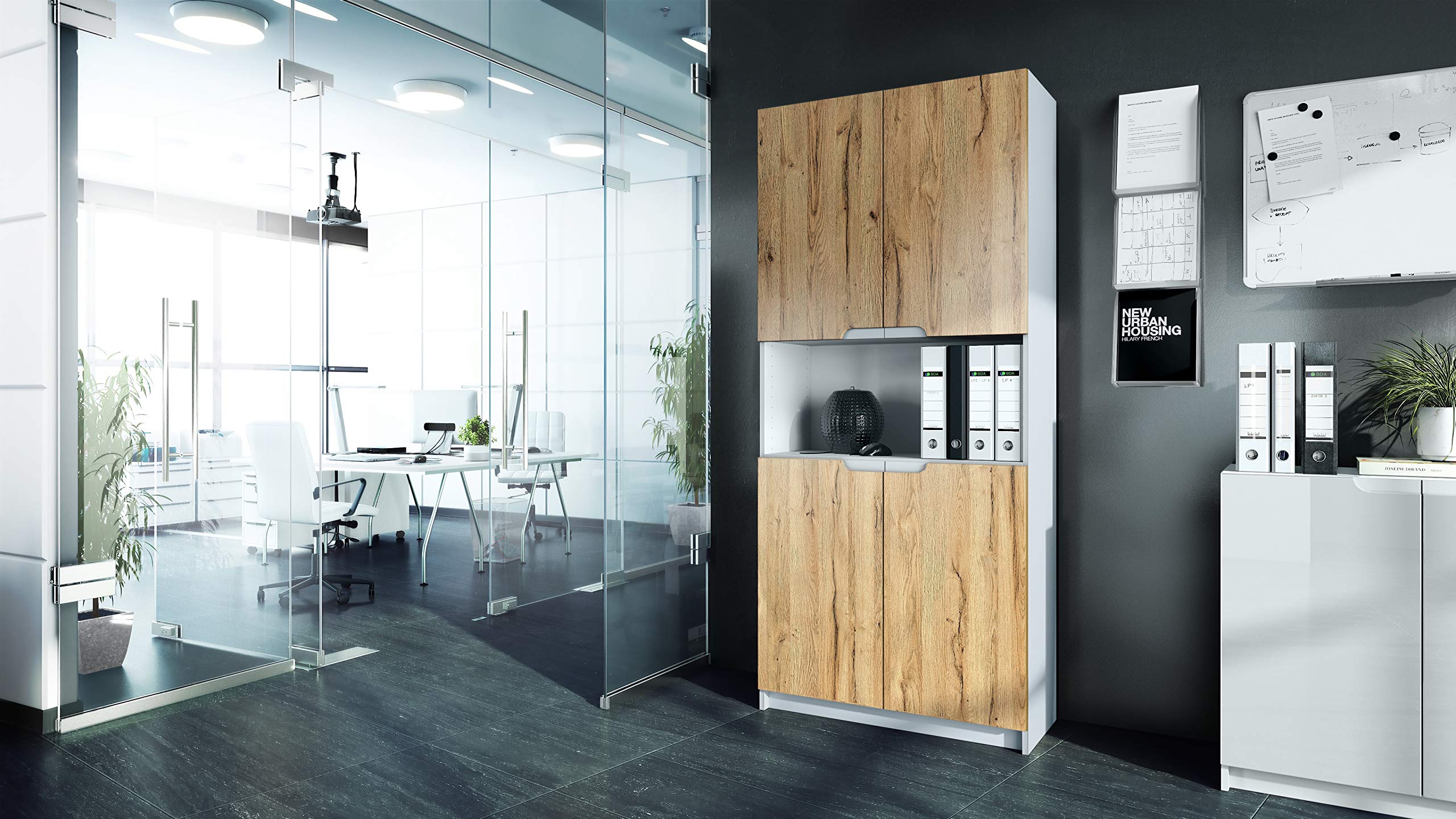 Vladon Étagère de Bureau Logan V2, Armoire de Rangement avec 5 Compartiments et 4 Portes, Blanc Mat/chêne Nature (82 x 184 x 37 cm)