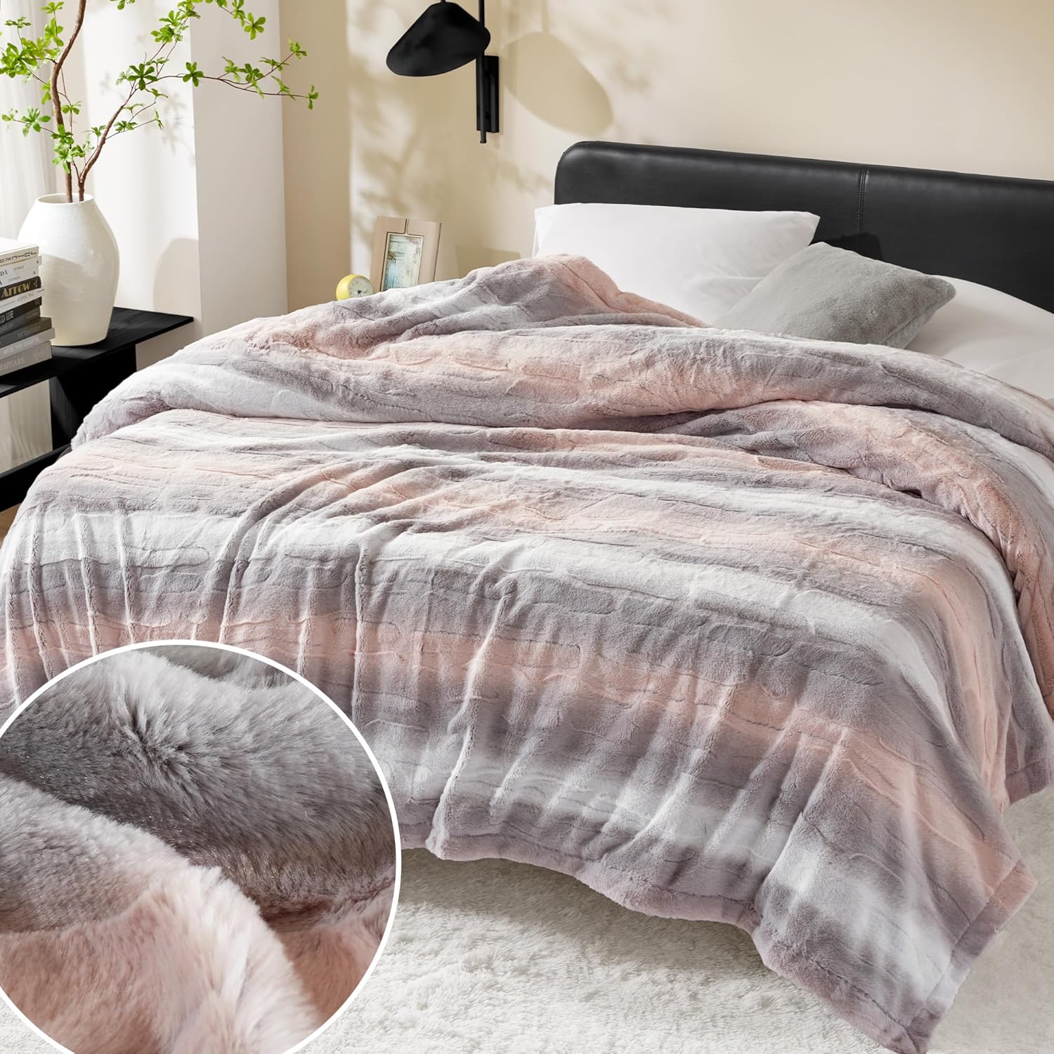 Madison Park Ultra-Soft Poly Fur, Reversible Plush, All Season & Lightweight Fuzzy Blanket for Bed, Couch & Sofa, Zuri, King/Cal King Blush/Grey 108x90" Blush/Grey