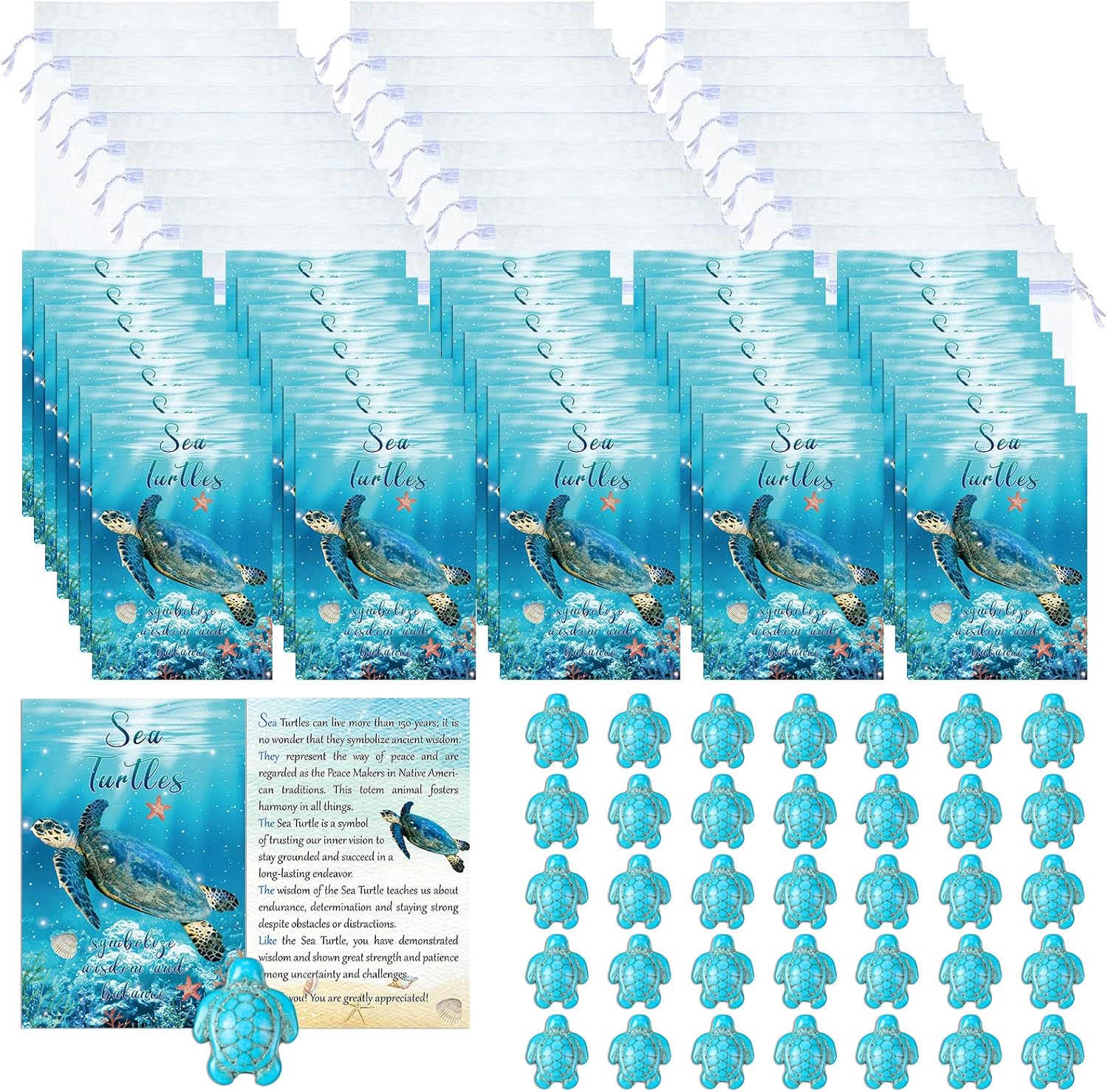 135 Pcs Sea Turtle Story Gifts Mini Keepsake Appreciation Notecards Set Turtle Story Wallet Sized Cards Employee Gifts Drawstring Bags and Starfish Charms for Teacher Women Men