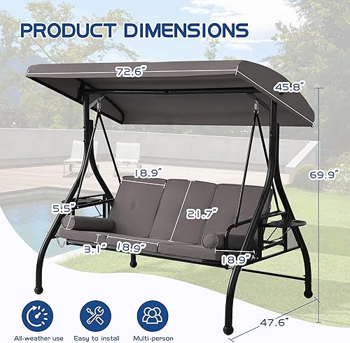 Miniatura 3 de Columpio de porche al aire libre de 3 asientos con toldo ajustable, cama convertible con soporte, planeador de patio con cojín, almohada y soporte