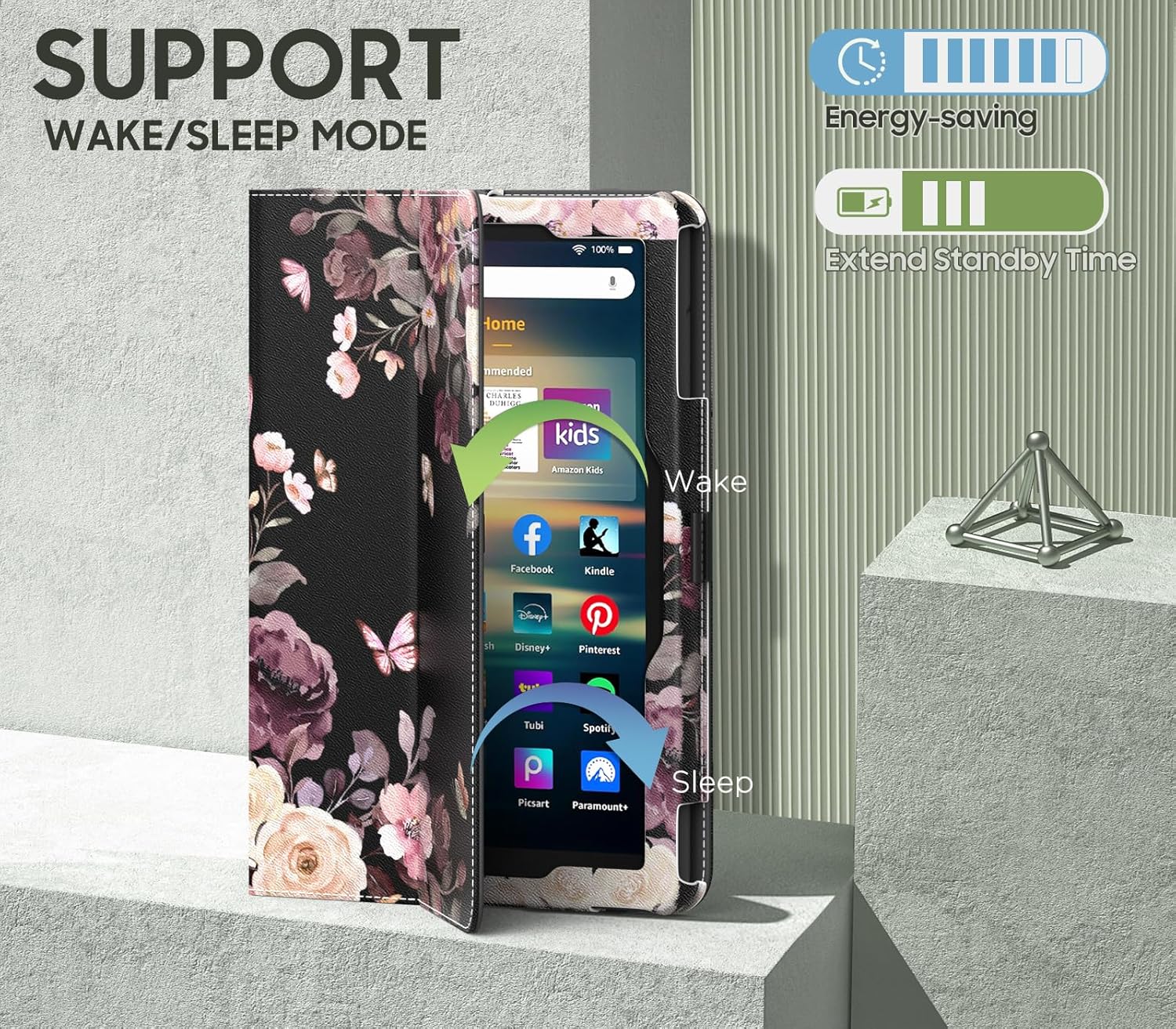 MoKo Case Fits Amazon Kindle Fire HD 8 & 8 Plus Tablet (12th Generation/10th Generation, 2024/2022/2020 Release) 8", Slim Folding Stand Cover with Auto Wake/Sleep, Purple Flowers on Black