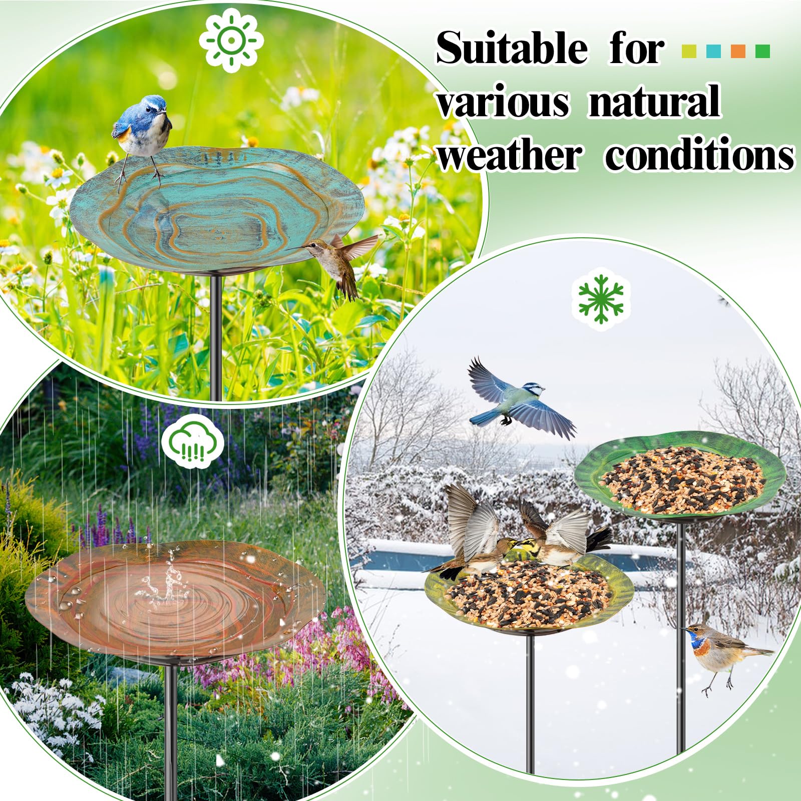 4 vasche per uccelli in metallo per esterni, piccola vasca per uccelli da giardino con paletto in metallo, mangiatoia per colibrì per decorazione del prato (bacino a onde 4P)