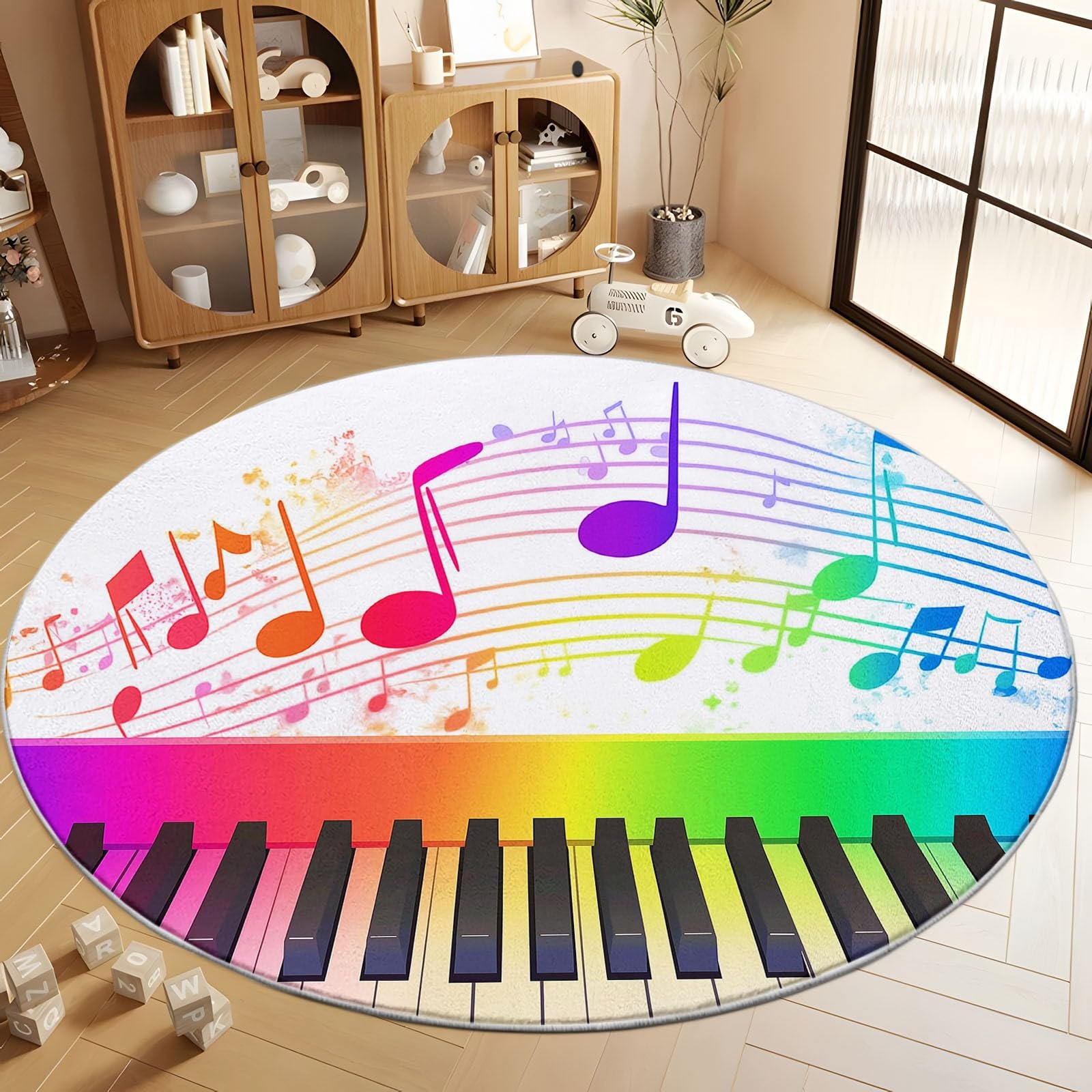 Klawisze fortepianowe i proste nuty okrągły dywan z nadrukiem, 150 cm okrągły dywanik nowoczesny antypoślizgowy dywanik, miękki dywan z nadrukiem, okrągły dywan do salonu pokoju dziecięcego, kolor
