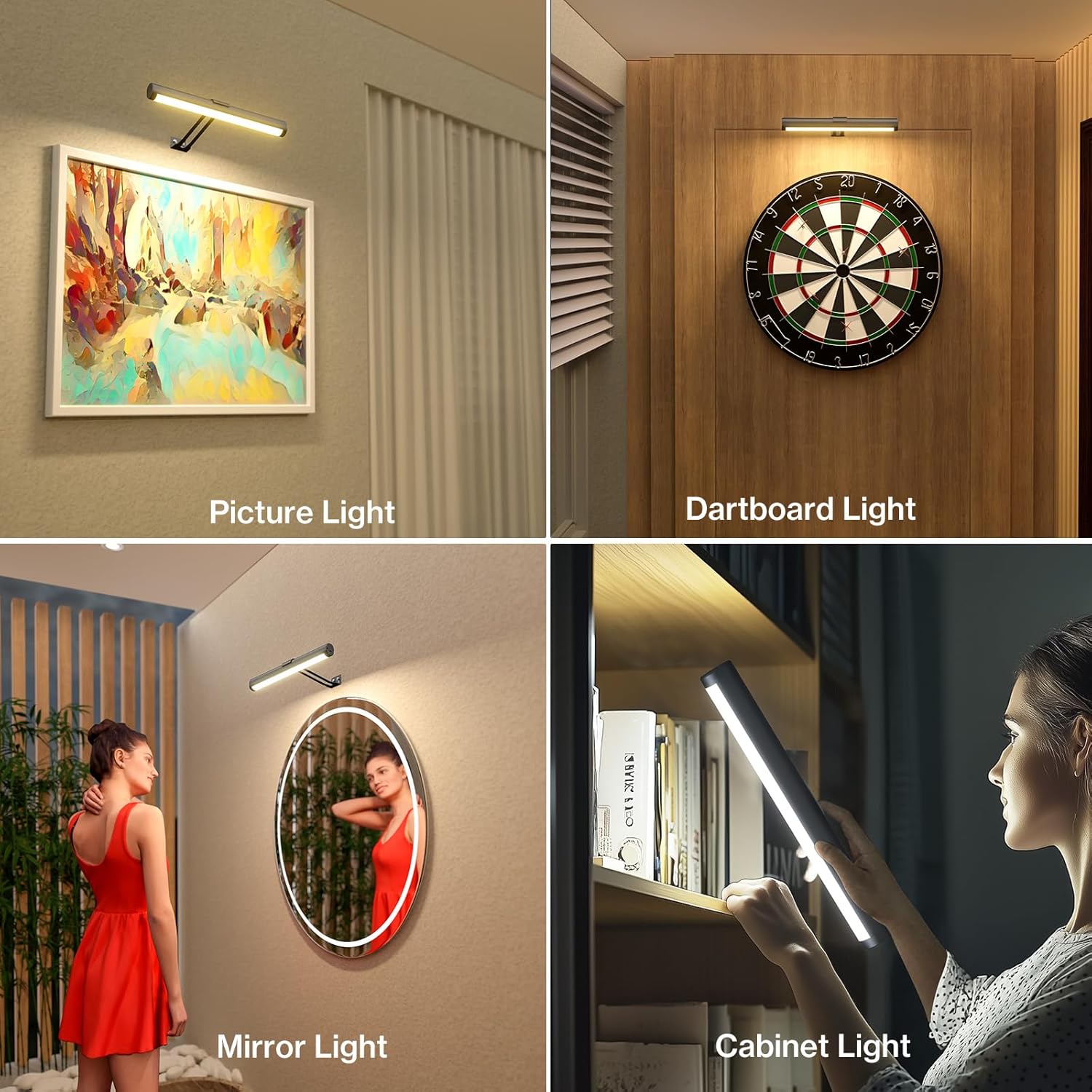 Olafus 2 pack Rechargeable Picture Light Battery Operated, Wireless wall light for Paintings, 3 color Adjustable Brightness Art light with Remote Control for Gallery, Dartboard, Frame, Portrait, Black